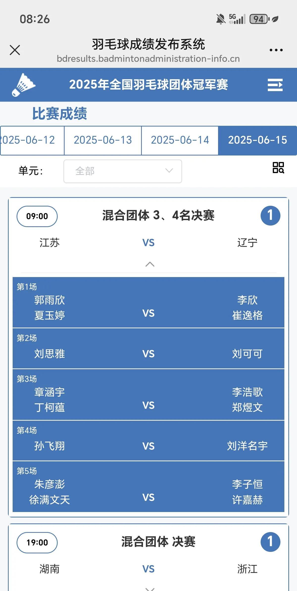 全国羽毛球团体冠军赛三四名决赛将于今日早上9点开战，江苏VS辽宁阵容公布：女双