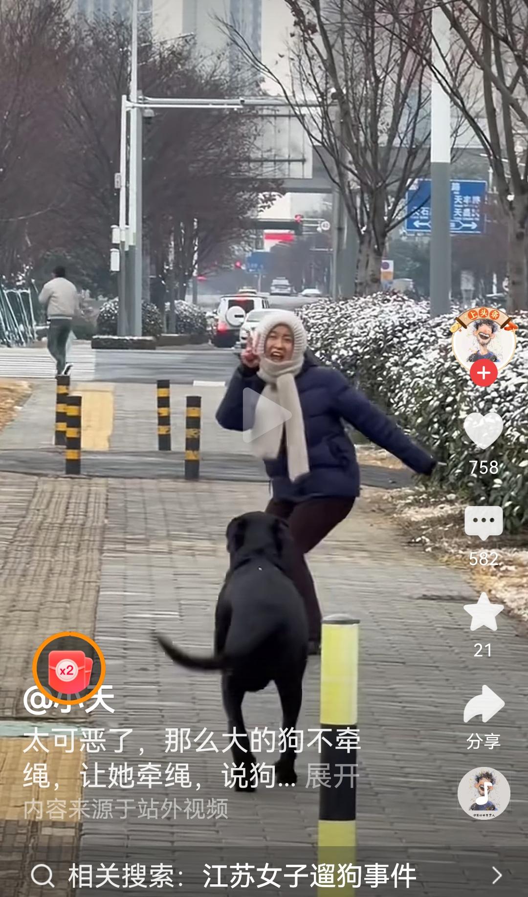 奇葩狗妈!遛大狗不牵绳，在别人质疑她的时候，居然还摆造型!这种人怎么治她?