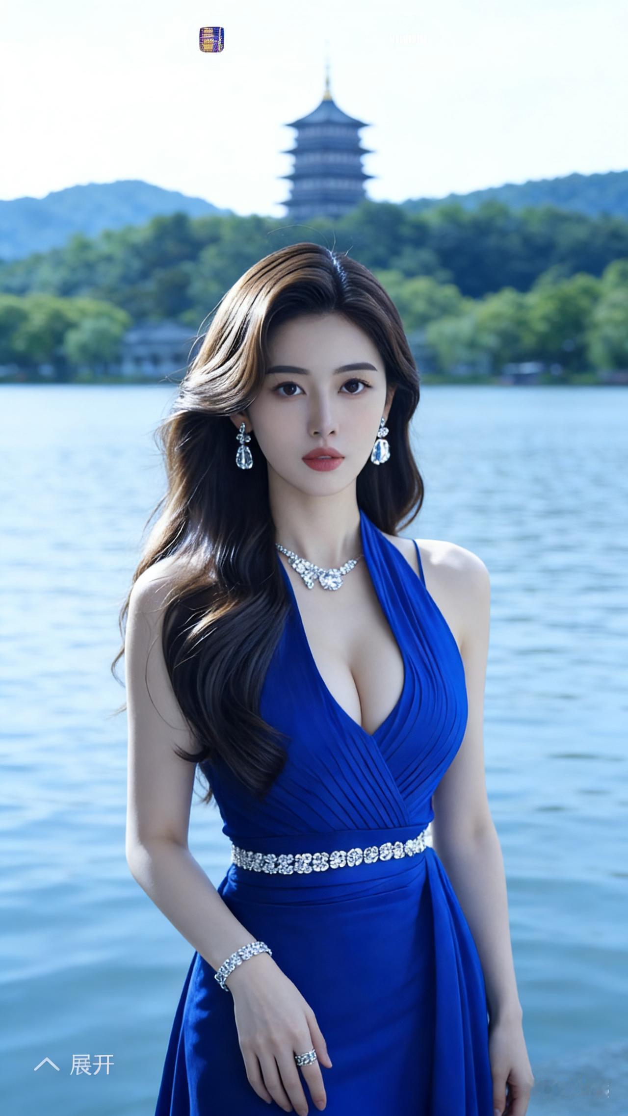 碧波荡漾映佳人，塔影婆娑入画来。轻舟泛处烟霞绕湖面倒映美如画礁石花影佳