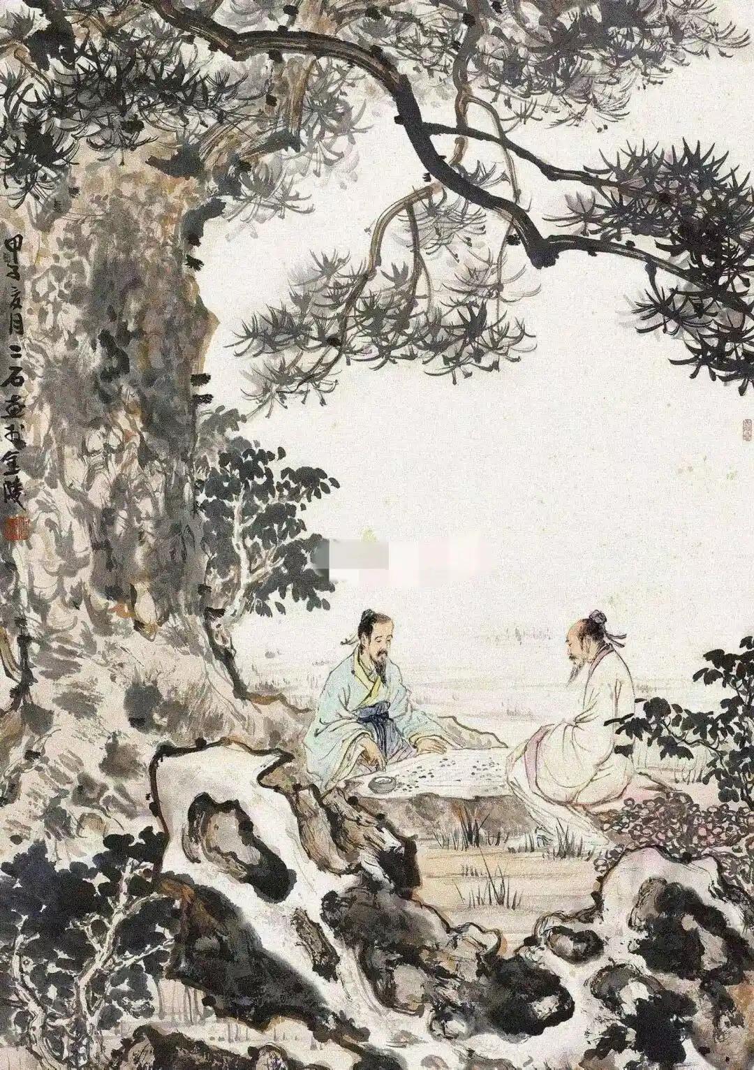 《对弈》石桌摆阵敲棋子，柳下双仙貌若痴。世外悠闲真自在，楚河汉界艺大师