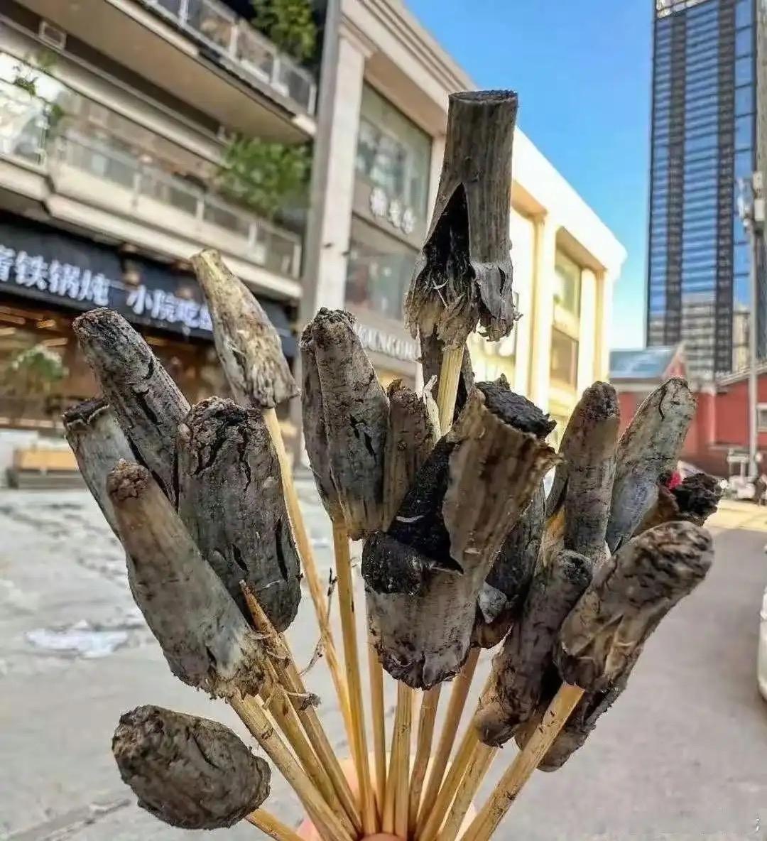 街边偶遇黑乎乎的串串，外观看着平平无奇，完全猜不出是什么食材。拿着在路上回头率超