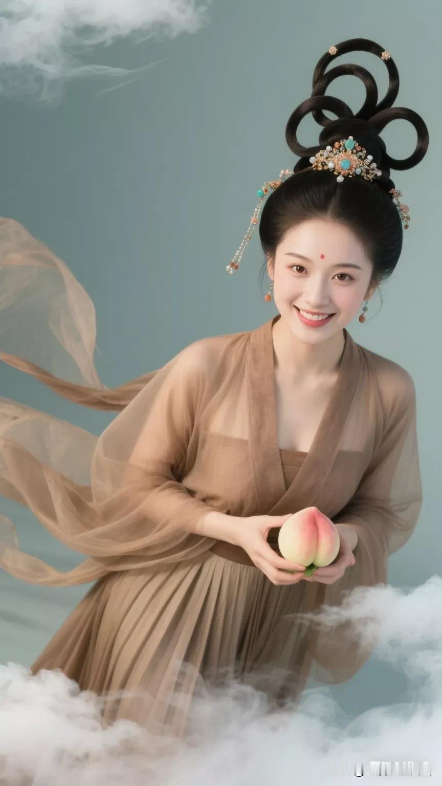 古风美人手持桃子，云雾缭绕，梦幻唯美张立启原创书画AI作品古仕女发髻服饰集锦第5