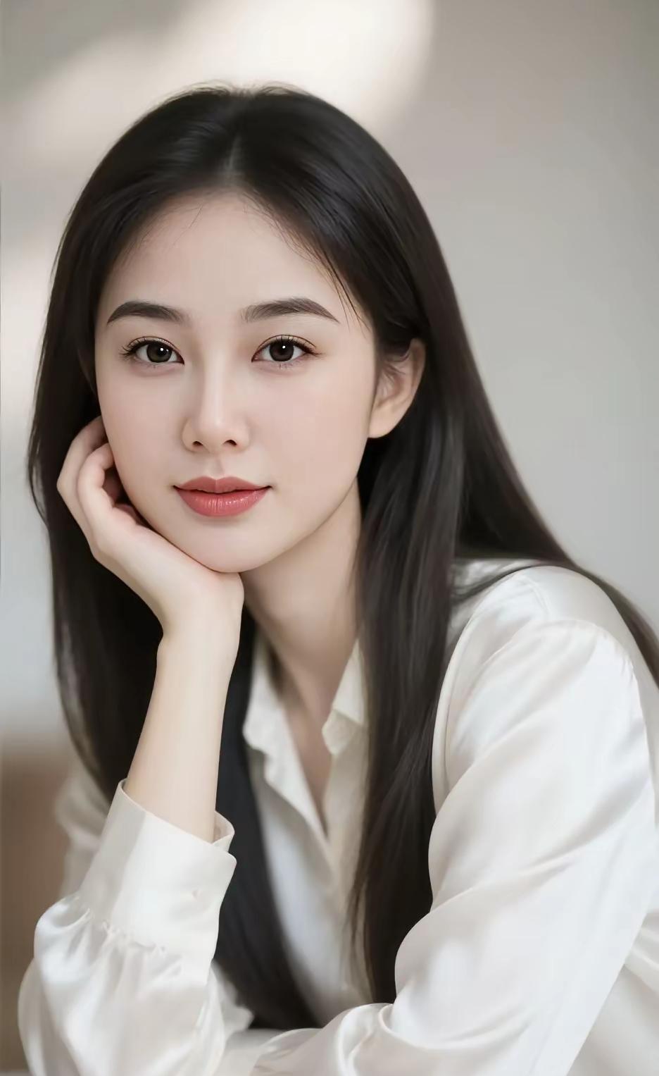 温柔甜美的白衬衫女孩，沉思的瞬间。