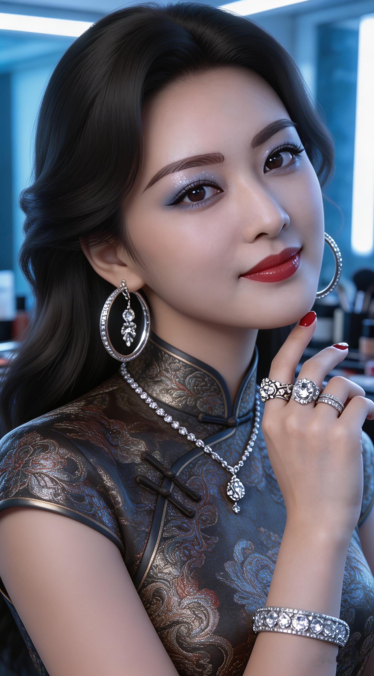 女子身着暗纹繁复华丽的精致锦绣旗袍，乌黑微卷长发披肩，身姿婀娜娉婷袅娜，肌肤无瑕