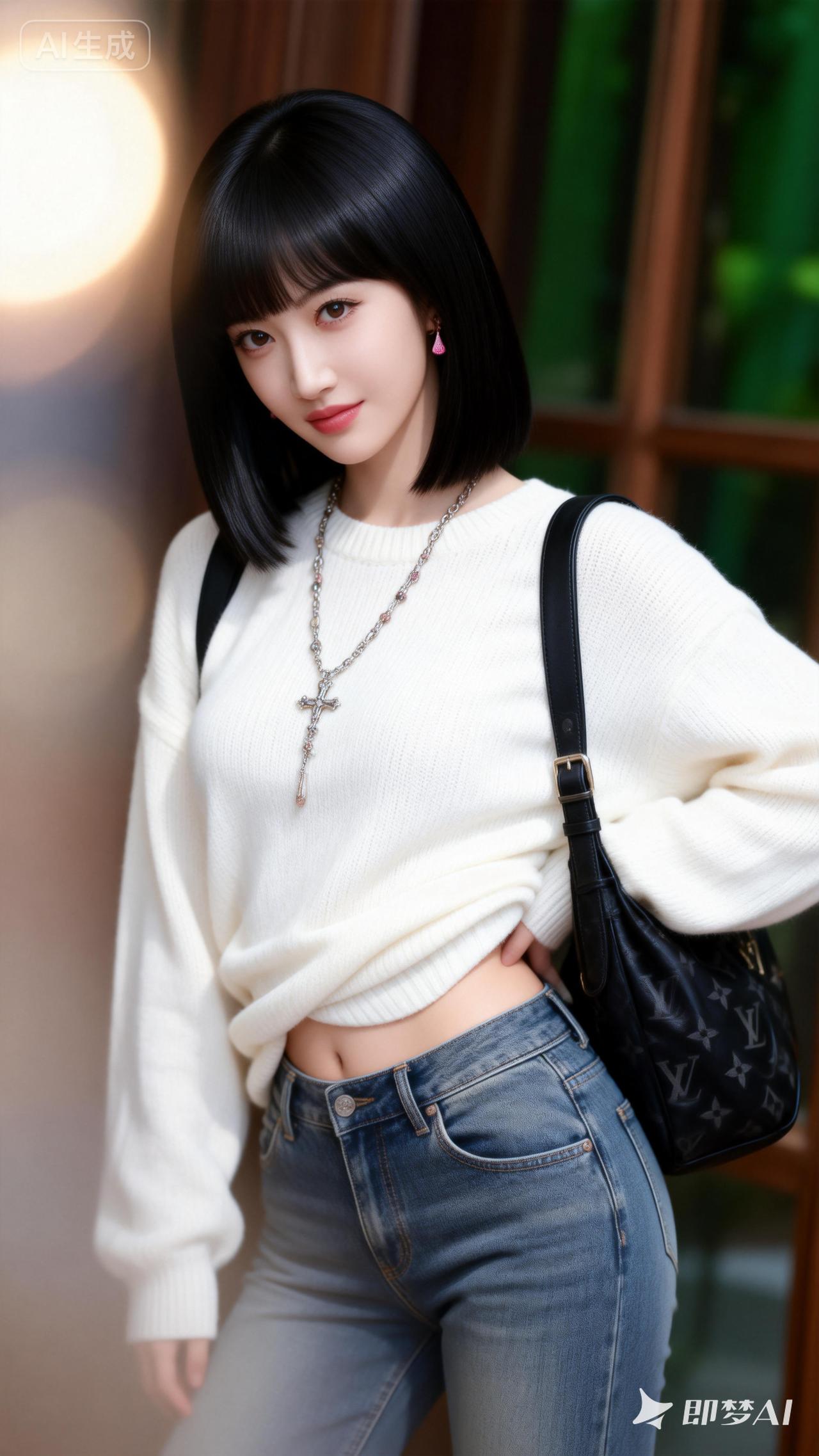 甜美少女风穿搭，白色毛衣搭配牛仔裤，青春活力满满！