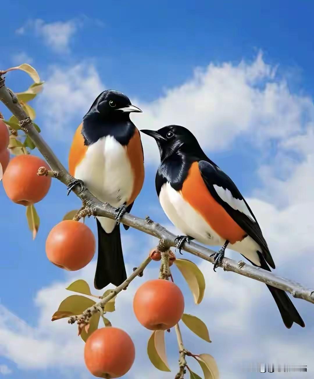 两只可爱的鸟儿在枝头相会，橙色的果实点缀其间，美不胜收！🌿🐦🍎