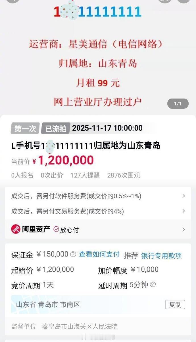 拍卖公告及标的物描述显示，该手机号码为1**11111111，月租为99元，无欠