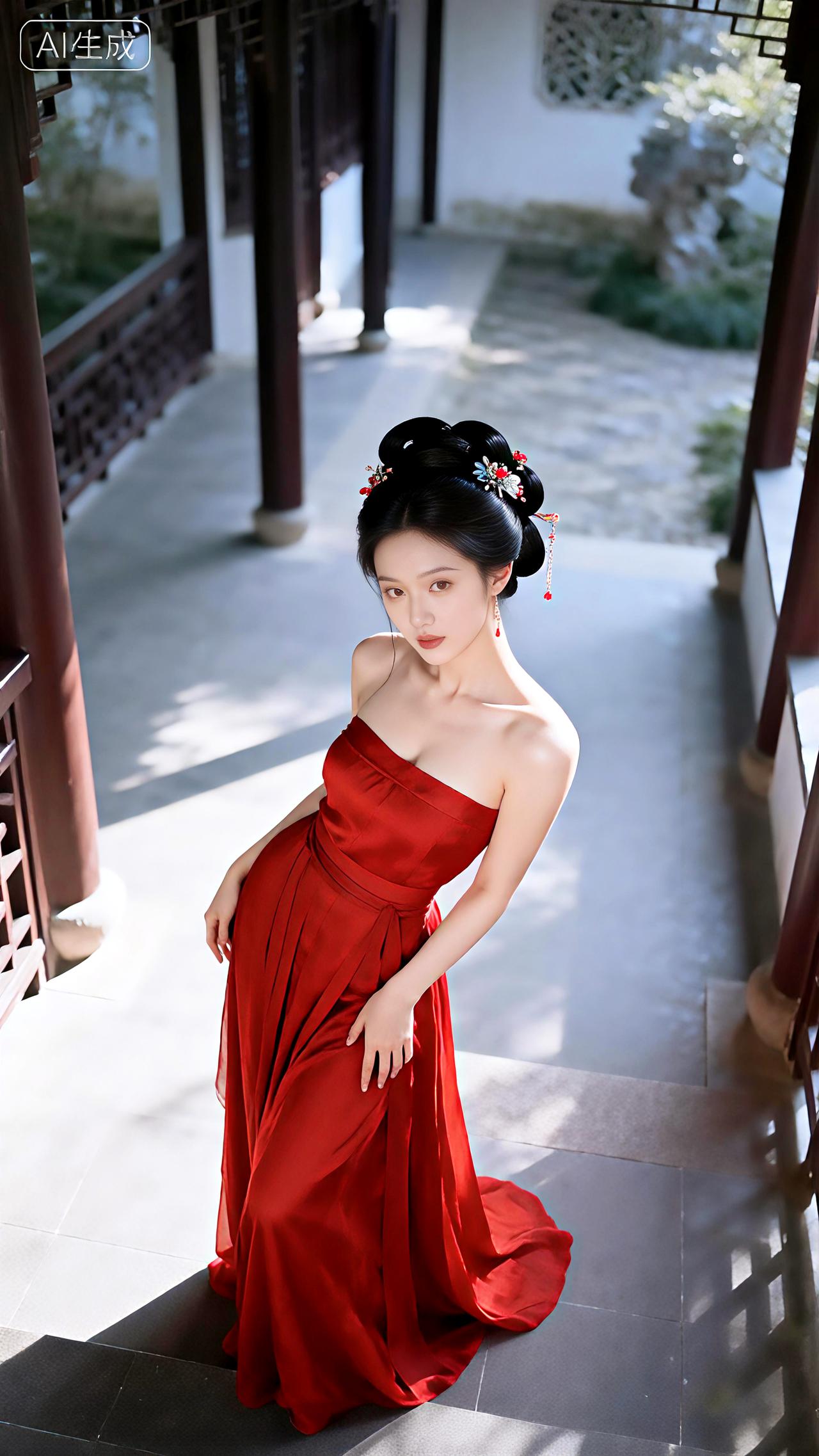 庭院回廊着汉装，红裳衬得玉肌香。豆包壁纸