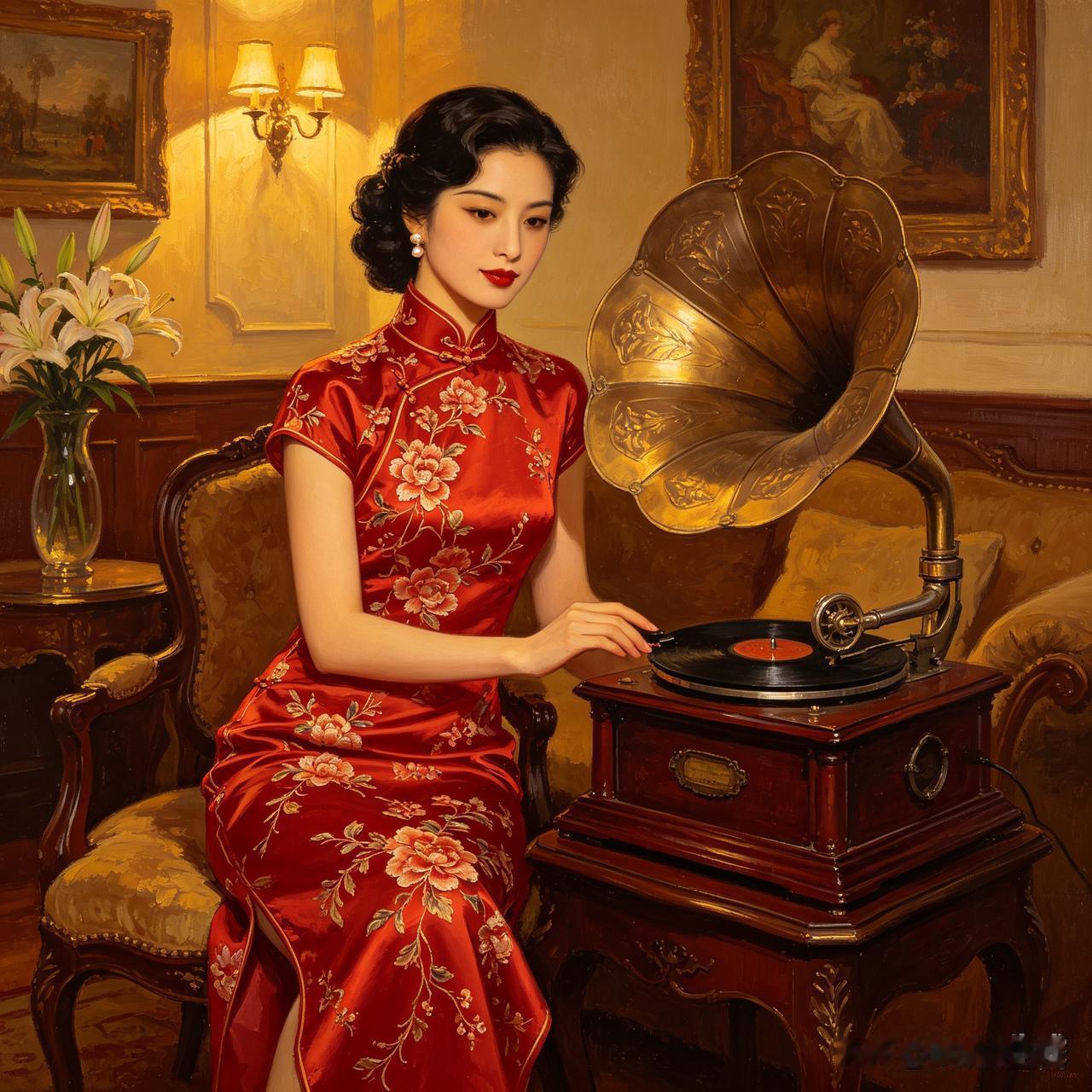 旧时光里的沪上风华，三十年代名媛静倚留声机旁。正红丝绸旗袍绣满缠枝莲，流光婉转，
