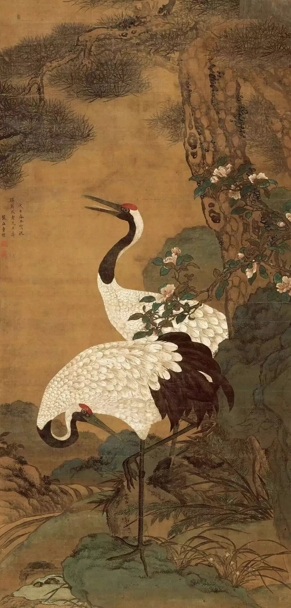 明童垲《松鹤延年图》。童垲，字西爽，华亭人，明末清初画家。善画花卉翎毛，勾勒挺