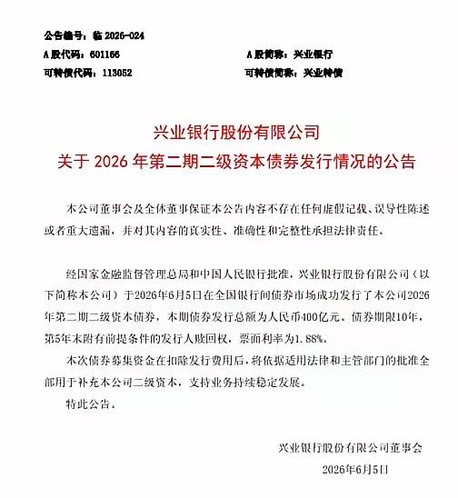兴业银行发行了四百亿的债券票面利率1.88机构们踊跃的采购完成。这4百亿对应正好