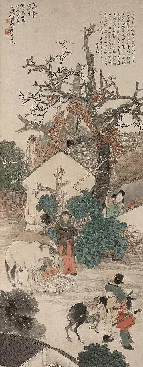 清任颐风尘三侠图轴。任颐（1840—1896），字伯年，擅画人物、花卉、翎毛
