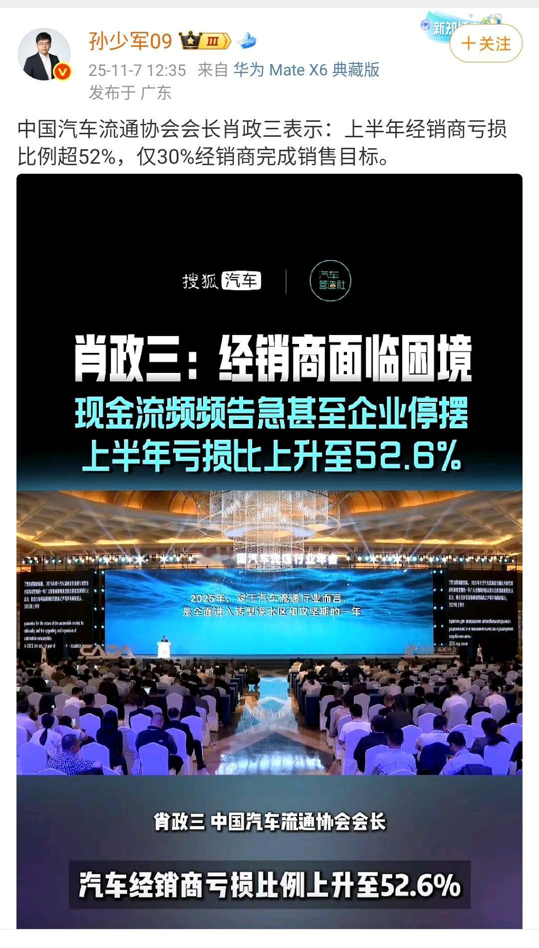 孙少军：中国汽车流通协会会长肖政三表示，上半年经销商亏损比例超52%，仅30%经