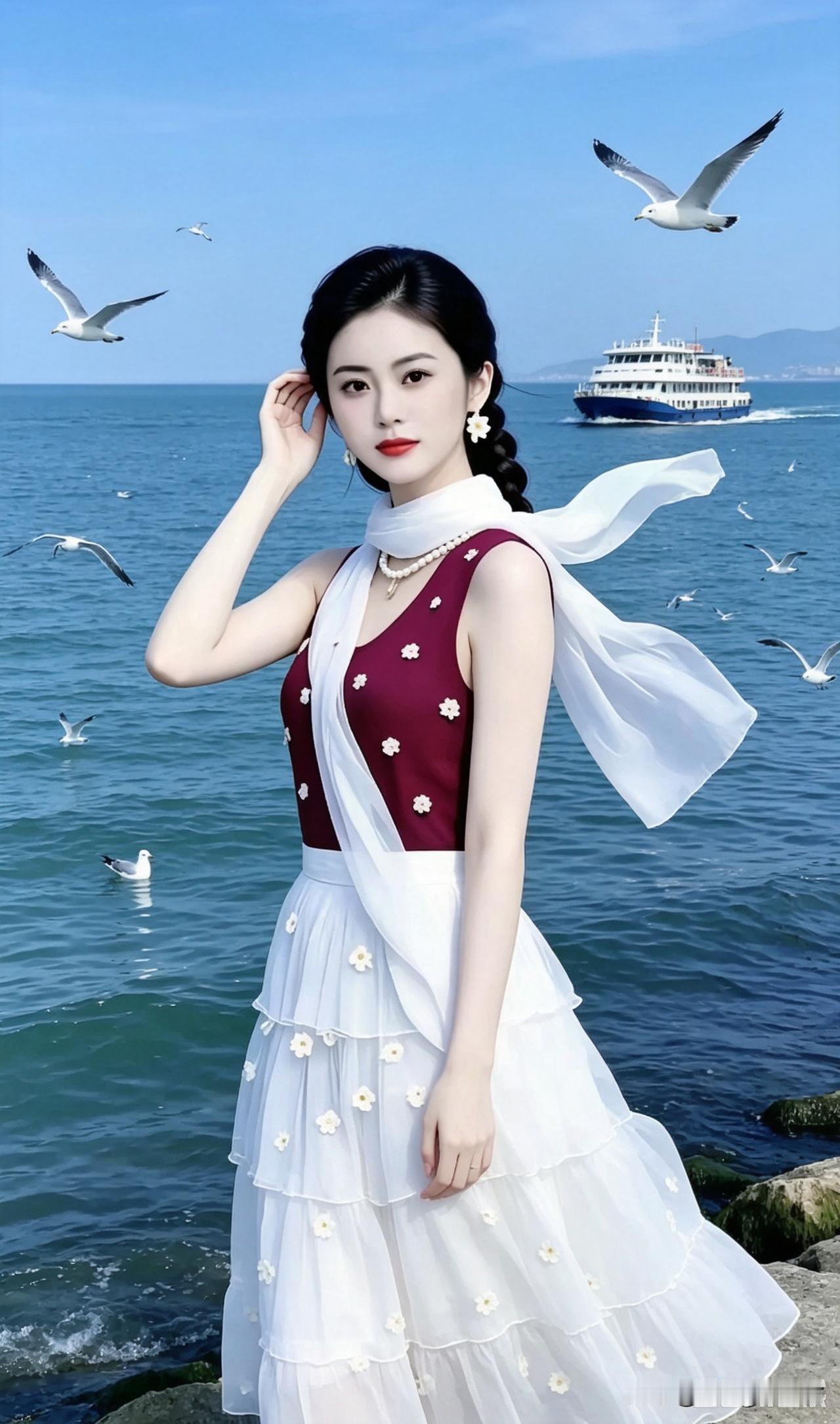 海边倩影（留最后一句，邀读者续写）茫茫海边万里蓝，清风阵阵拂衣衫。辫子