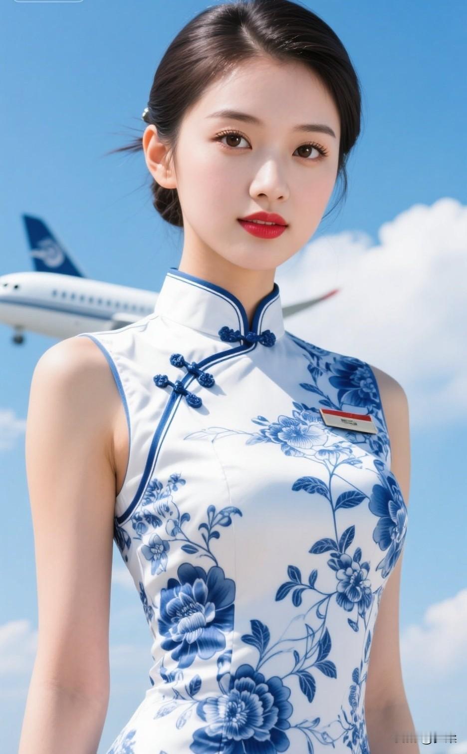 优雅空乘，蓝花旗袍，机场风采空乘工作服旗袍空姐