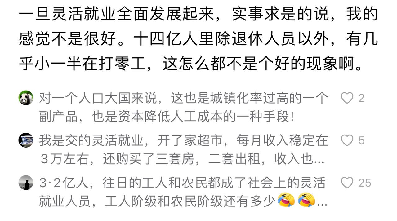 没有正式工作就没有稳定收入，靠打零工吃饭，跑滴滴，送外卖，代驾，地滩，这些也大多