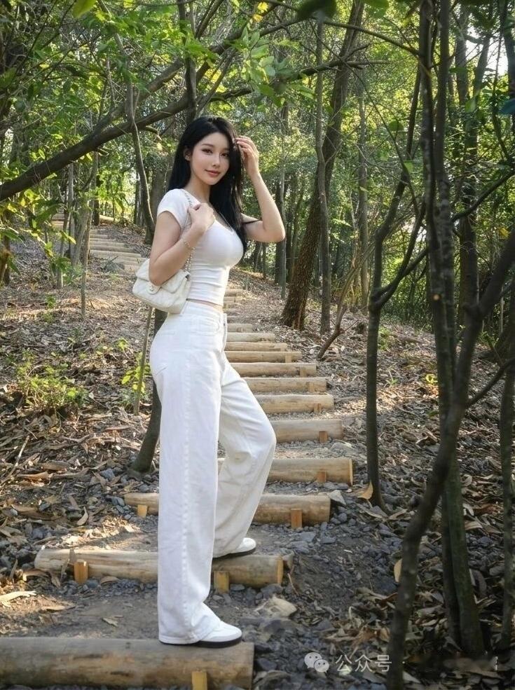 森林中的清新穿搭，白色套装与自然完美融合。