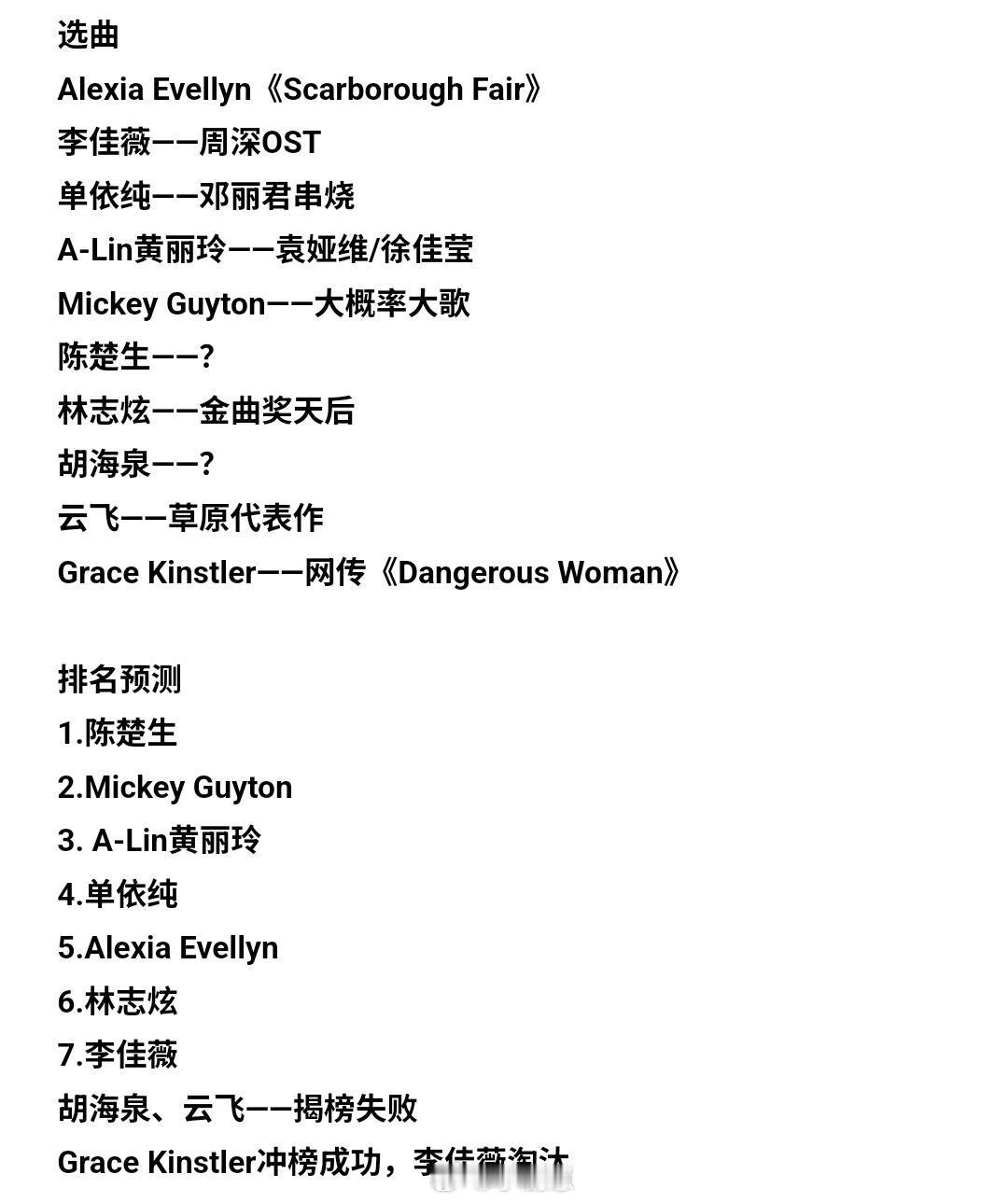 歌手第11期选曲🍉以及个人预测排名歌手｜​​​