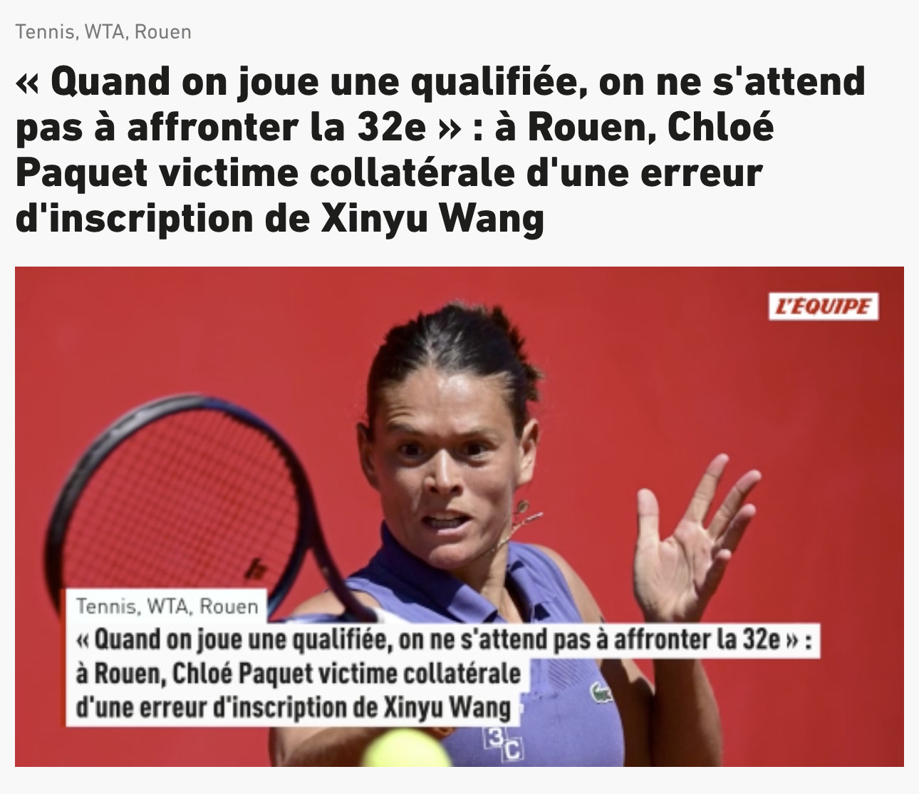 哈哈哈哈很好笑的一则新闻法国选手帕奎在里昂正赛首轮输给王欣瑜后，向法国媒体《队报