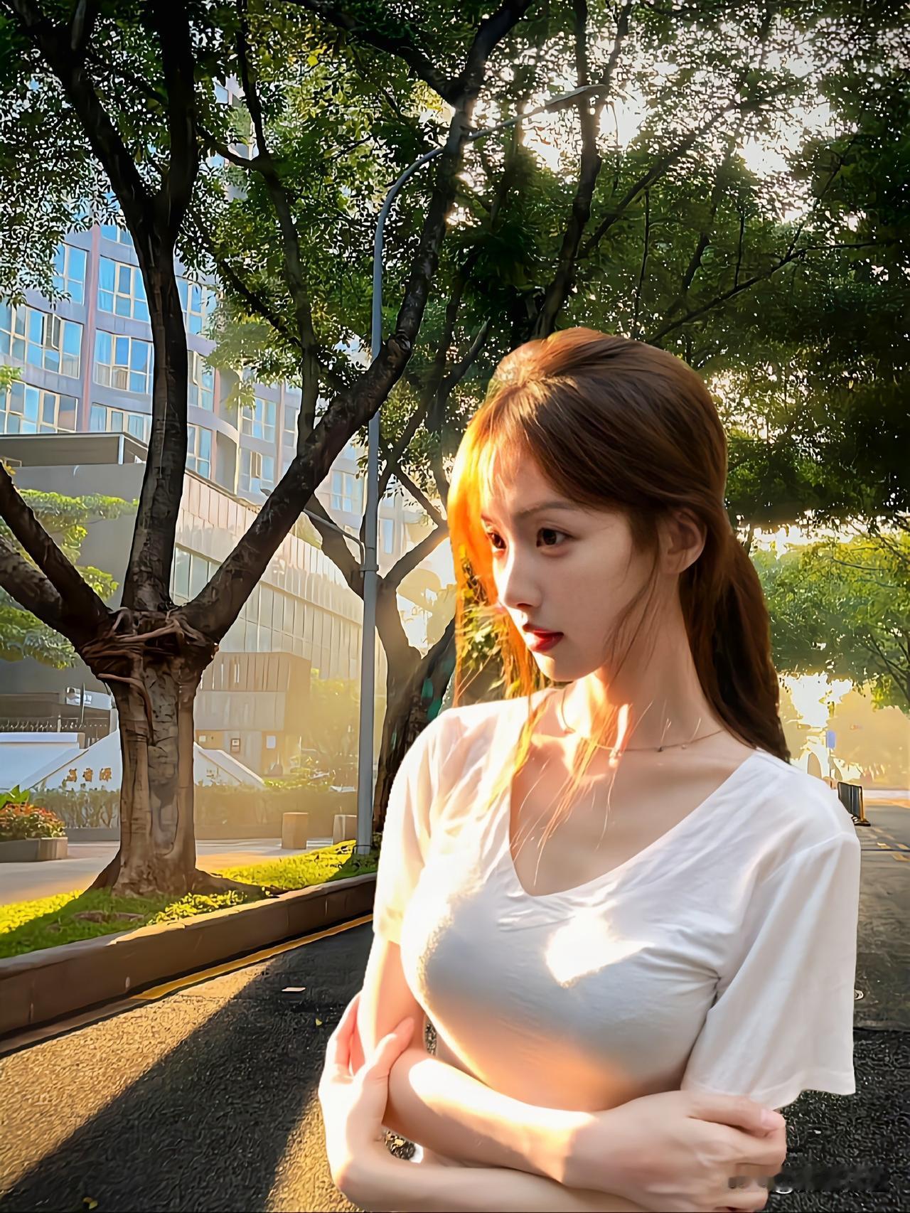 阳光洒落，少女漫步在树荫下，静谧而美好。