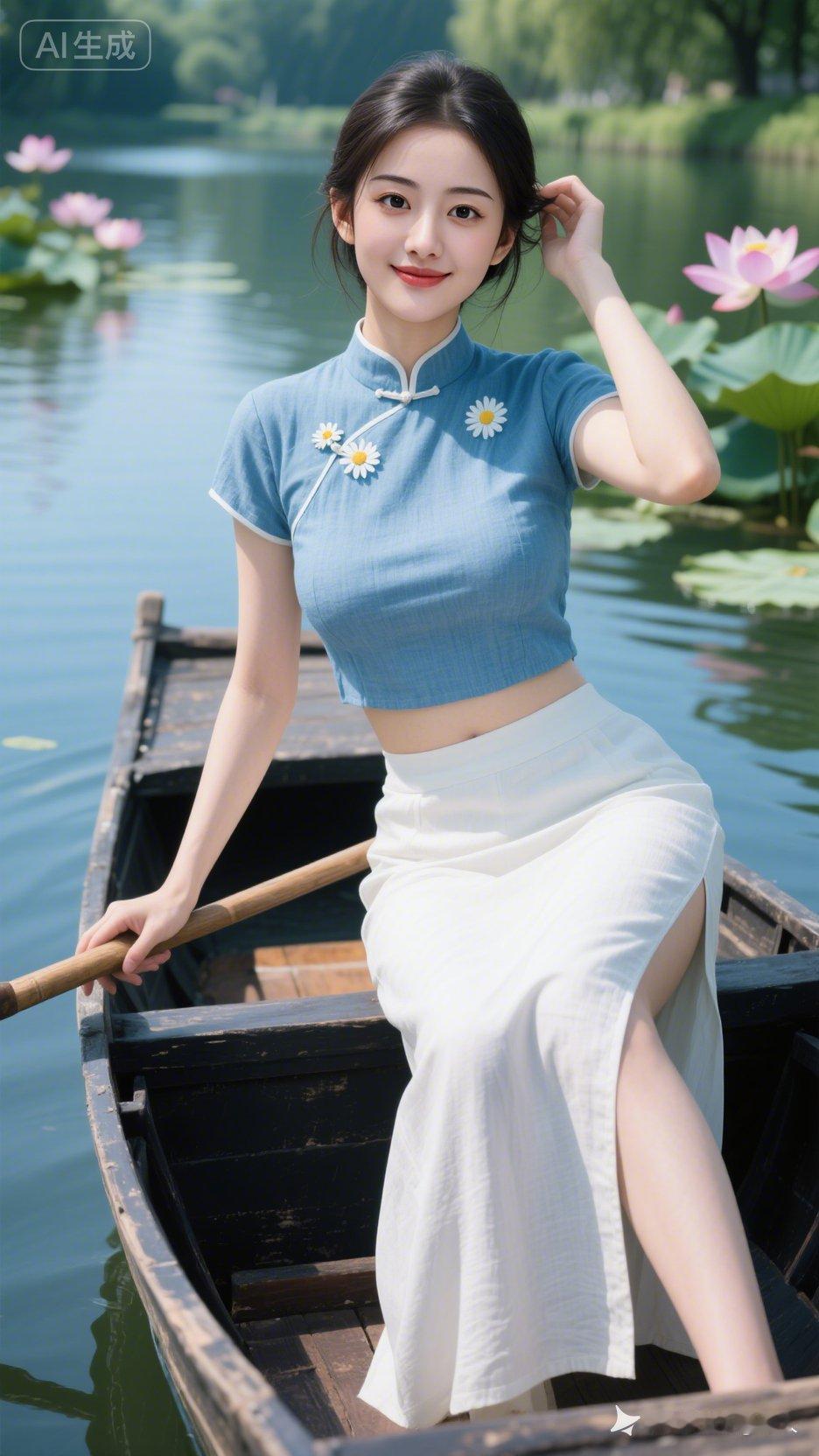真人写真，二十岁青涩邻家少女，沙漏曼妙身姿。天蓝雏菊刺绣中式衫配白阔裙，坐乌篷船