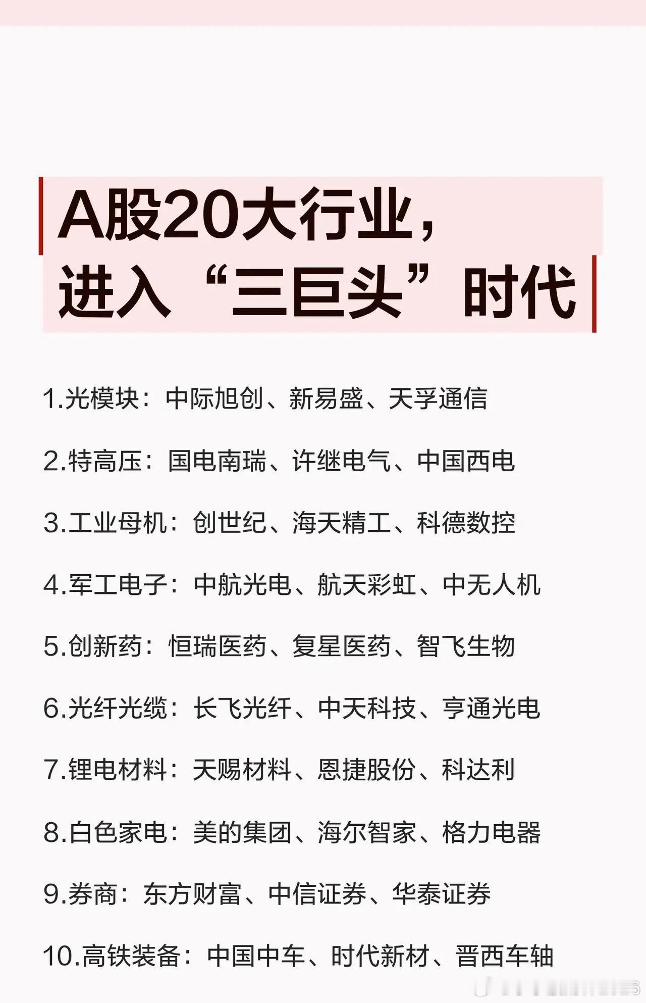 A股20大行业，进入“三巨头”时代！1.光模块：中际旭创、新易盛、天孚通信2.特