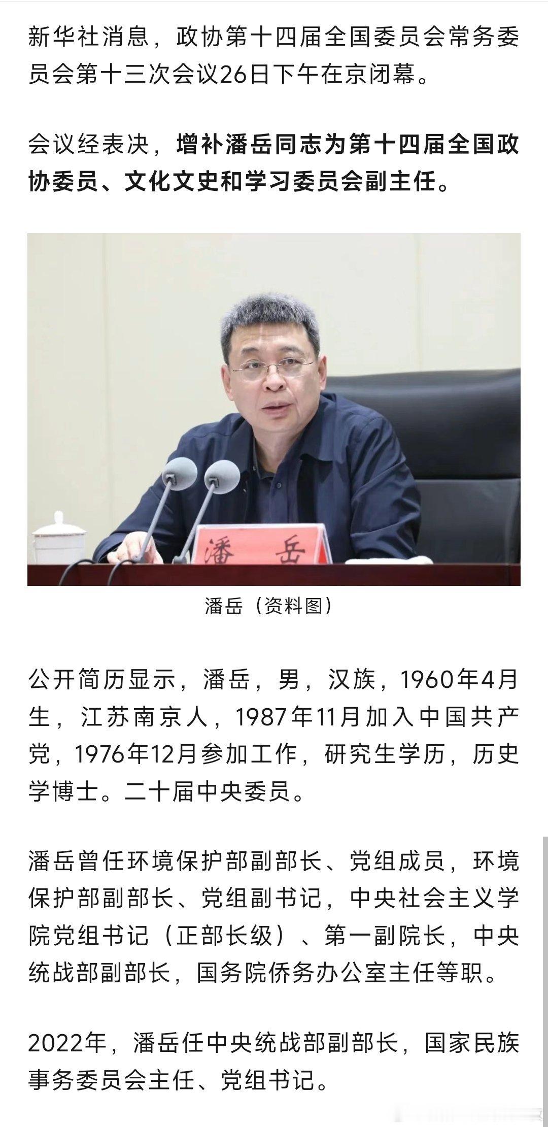 会议经表决，增补潘岳同志为第十四届全国政协委员、文化文史和学习委员会副主任。​