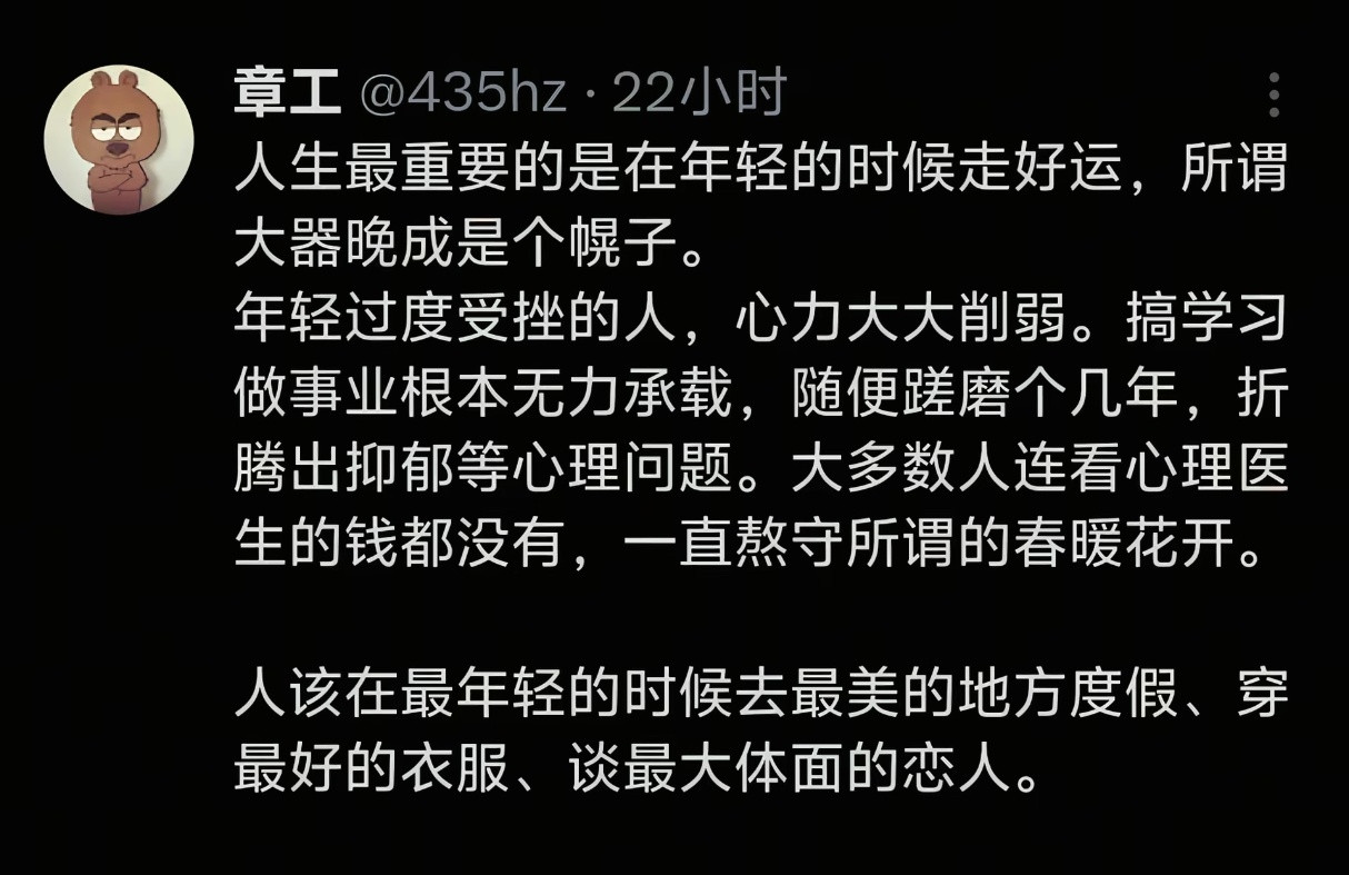人生最重要的是在年轻时走好运，所谓大器晚成是个幌子。