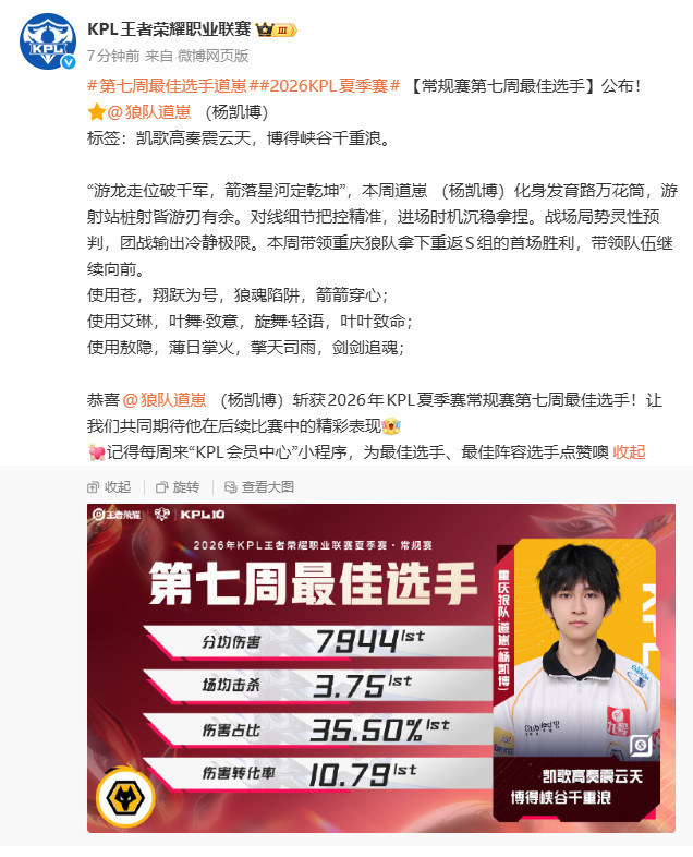道崽获得第七周最佳选手！恭喜上榜第七周最佳阵容的大家2026夏季赛第七周最佳阵容