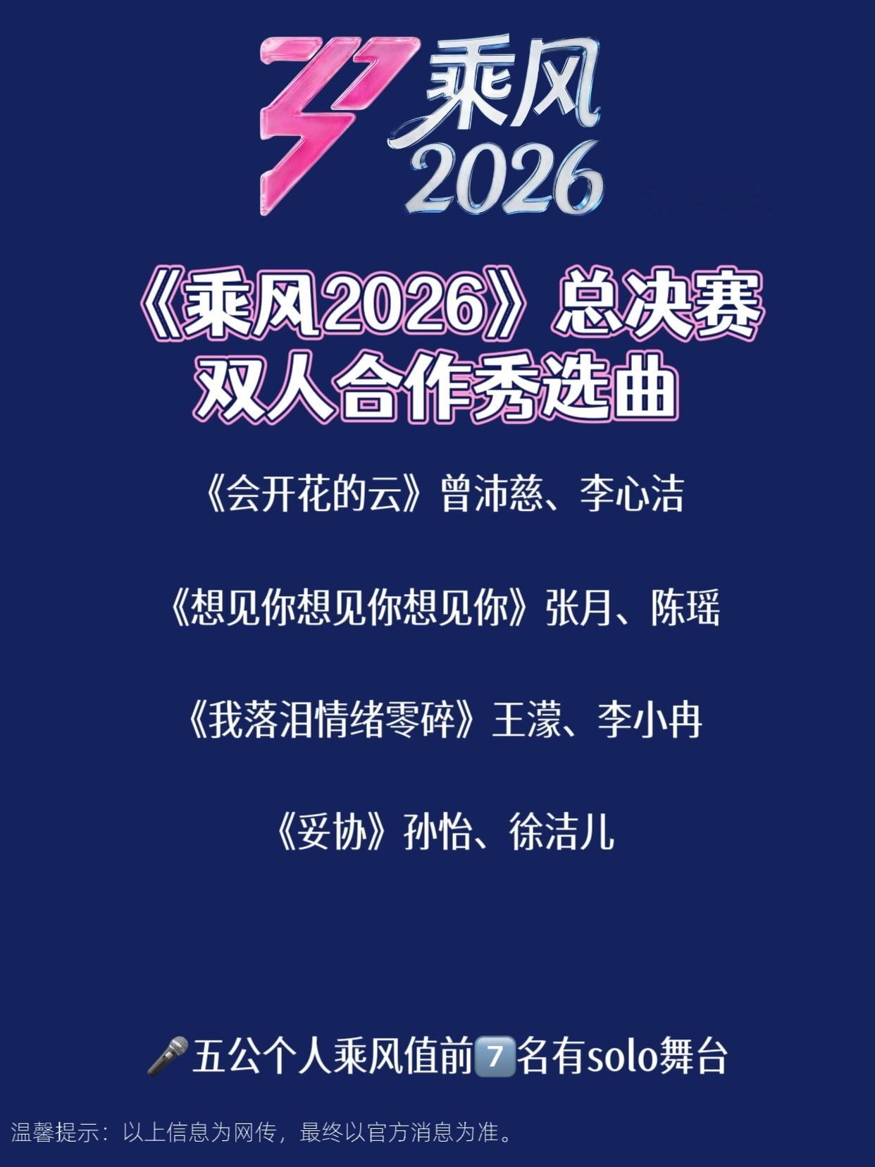 乘风2026总决赛双人曲歌单《乘风2026》总决赛双人合作秀歌单及出演阵容~你最