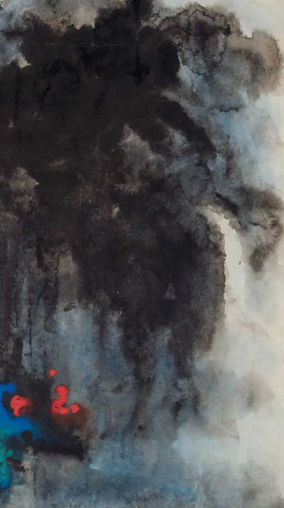 张大千《山寺骤雨》，立轴设色纸本92×51cm。题识：松云影里涛千尺，杖屐