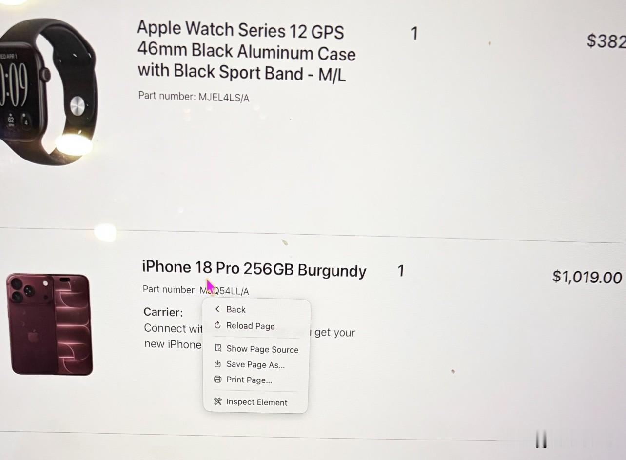刷到苹果员工内部价的订单。iPhone18Pro标价1019美元。46mm的S12GPS版382美元