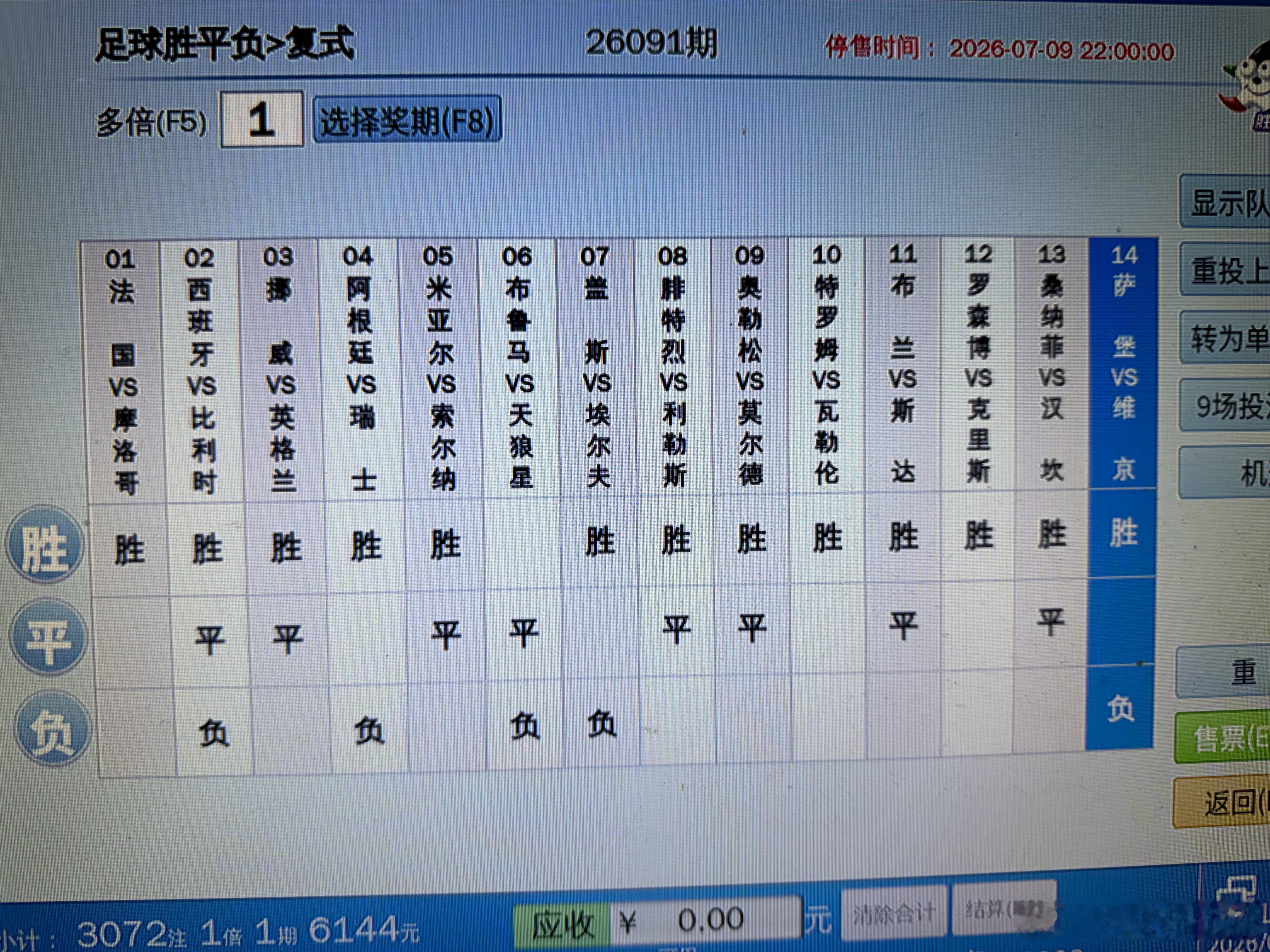 14场胜平负14场每日足球推荐竞彩足球26091期14场超大复式，3072注合