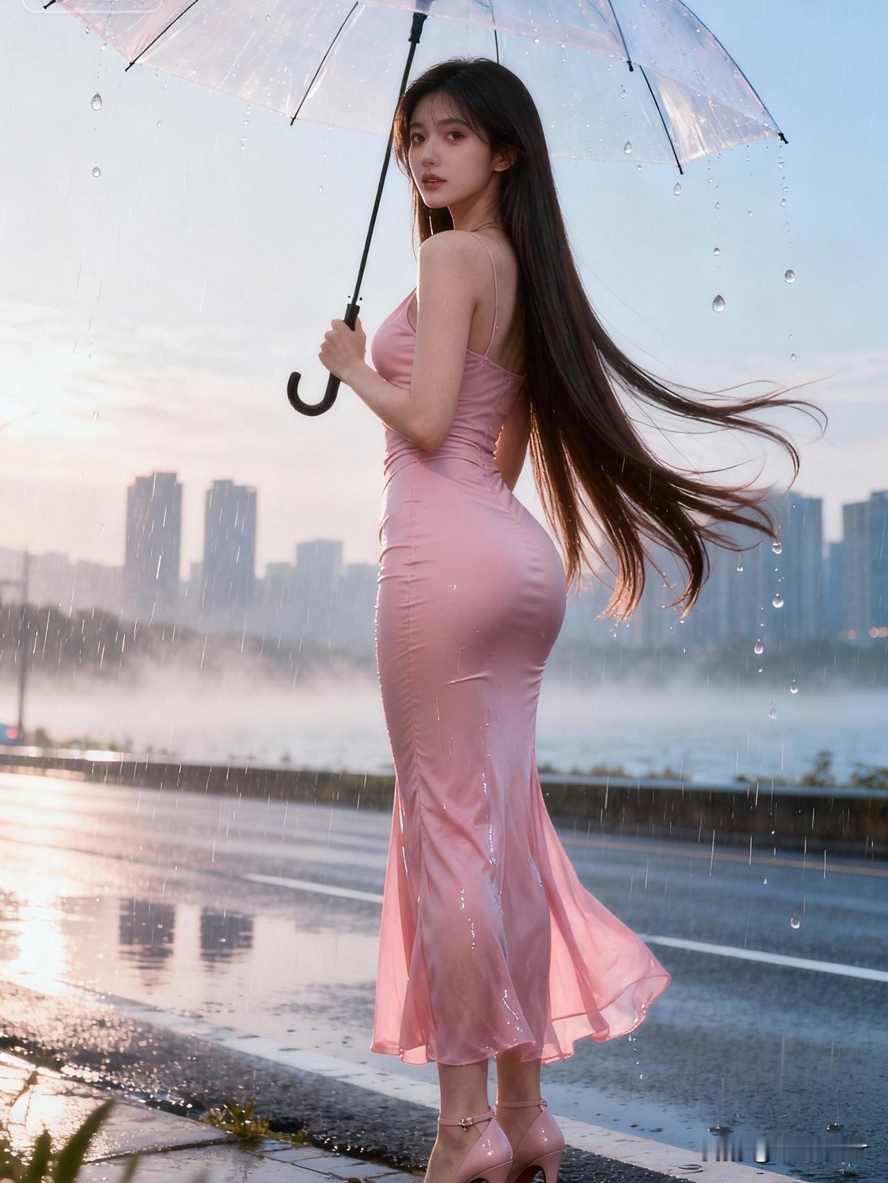 雨中穿粉色裙子的美女，好浪漫！