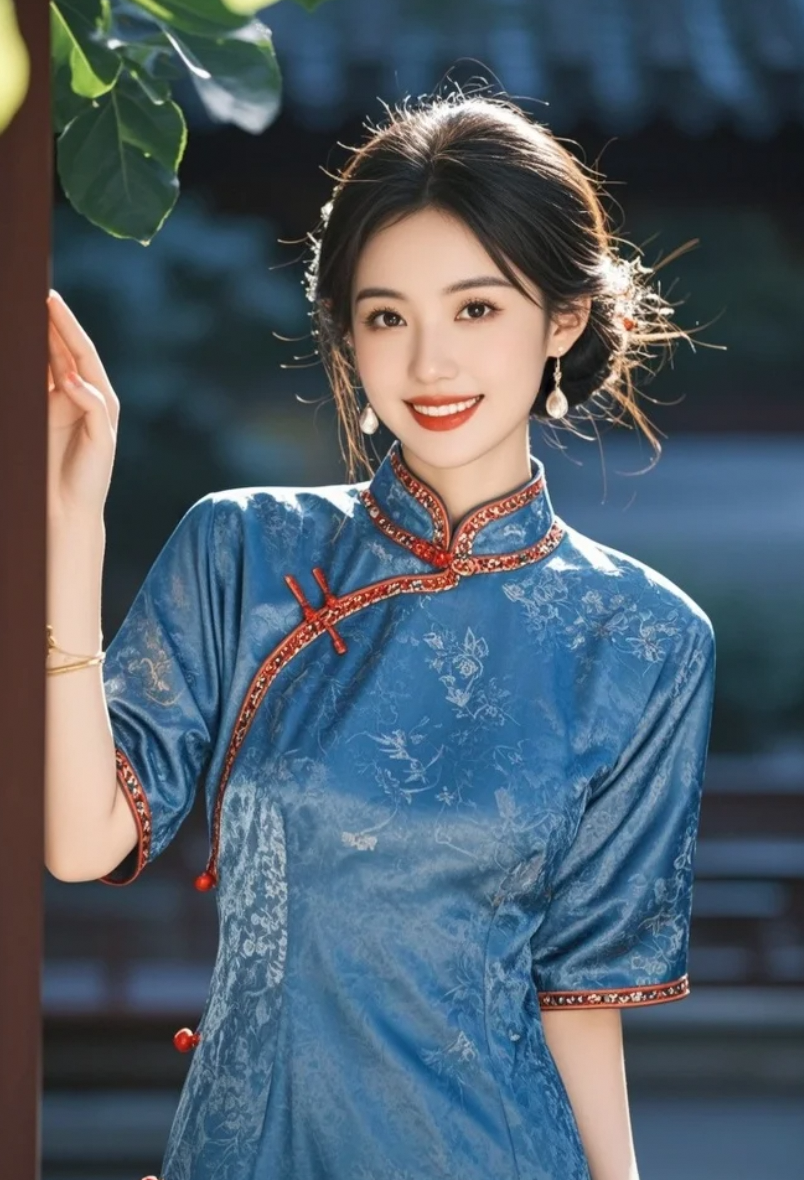 当知性美人遇上丝缎蓝旗袍，连庭院的风都开始为她打光