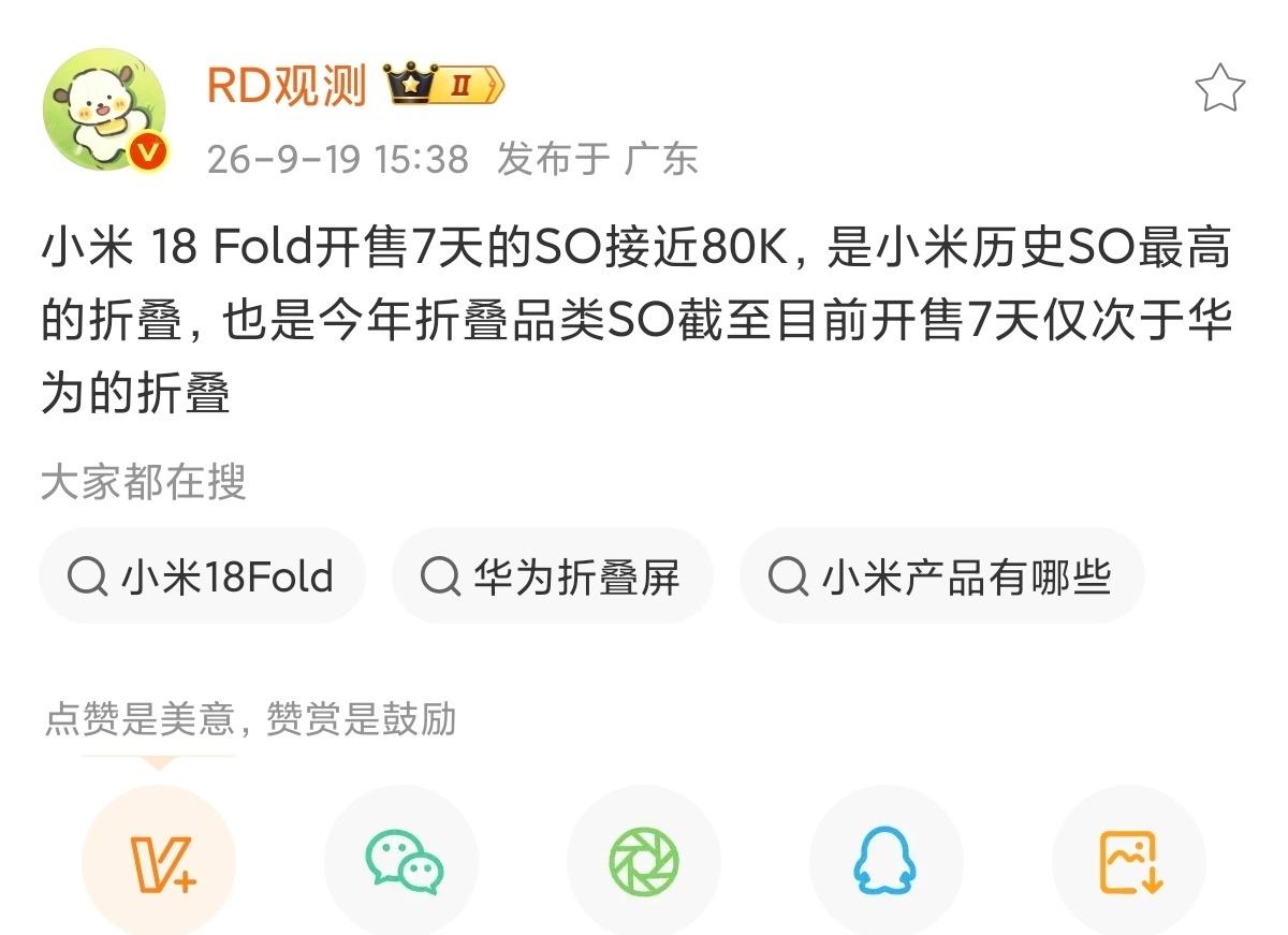 小米18Fold首周销量8万，打破公司折叠机首销记录。小米史上售价最