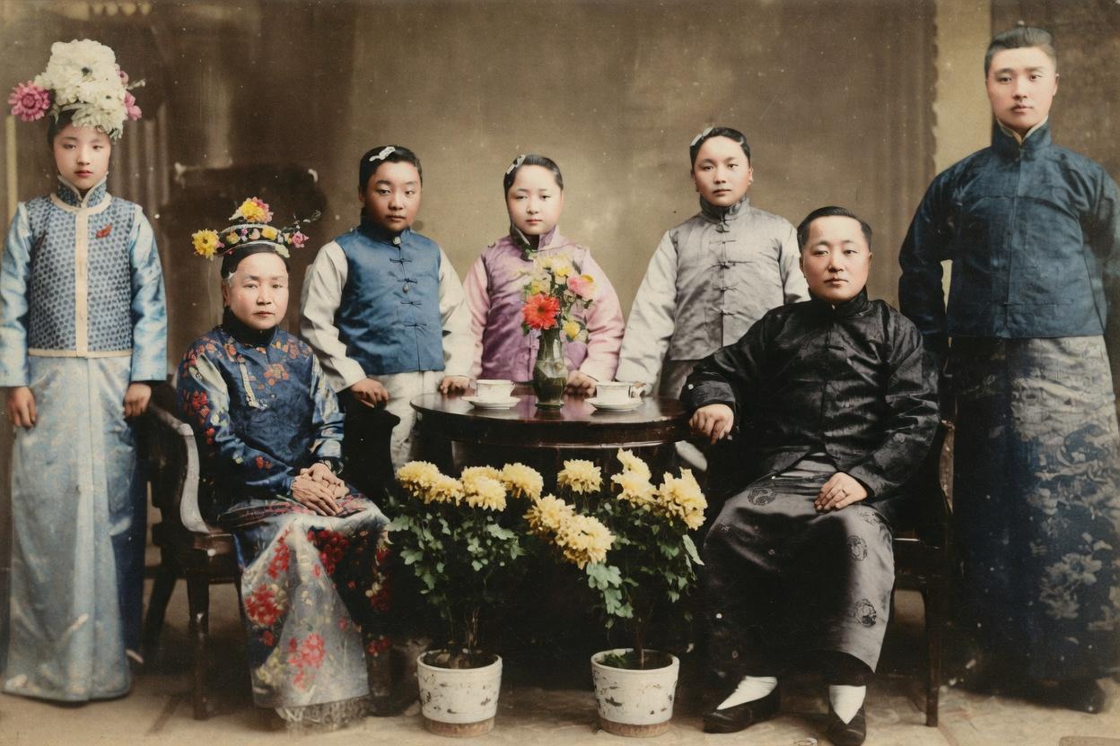 1915年，清亡三年后，溥仪的六叔「洵贝勒」载洵，在天津租界拍下了这张全家福。