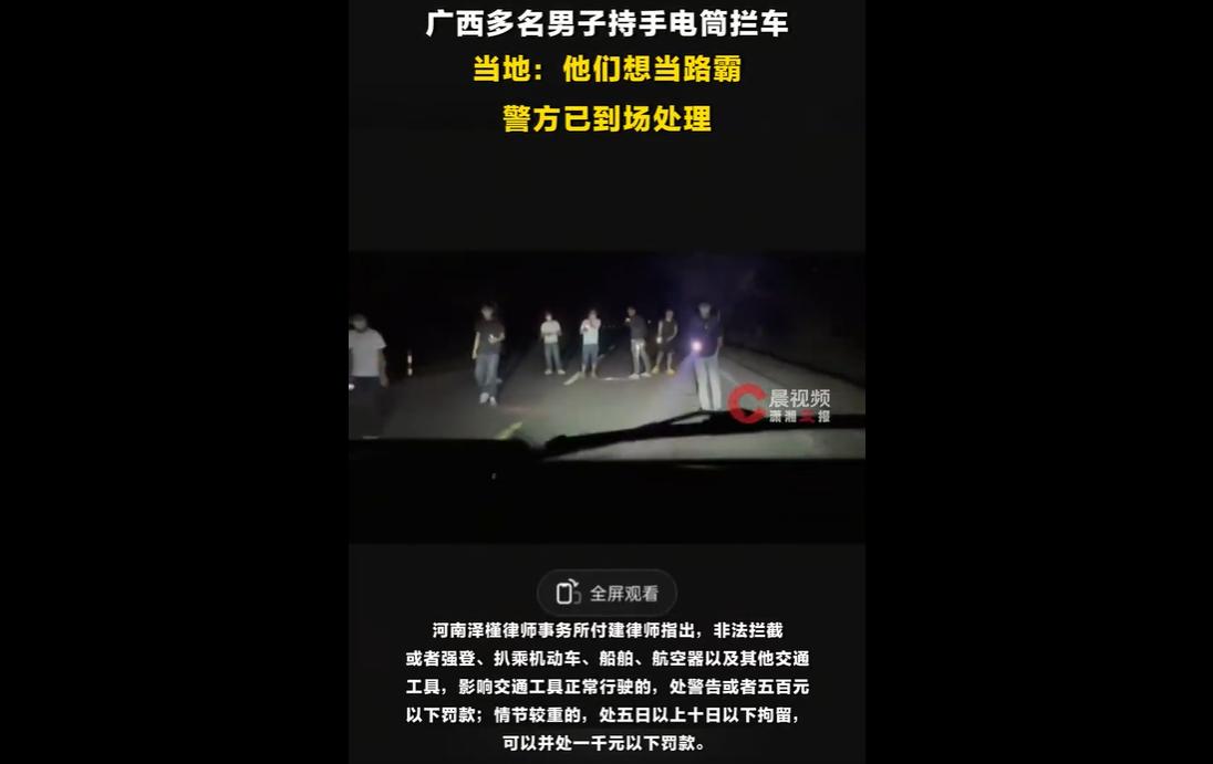 近日，广西靖西地州镇路段，多名男子手持手电筒拦停过往车辆，妄图充当路霸，引发网友