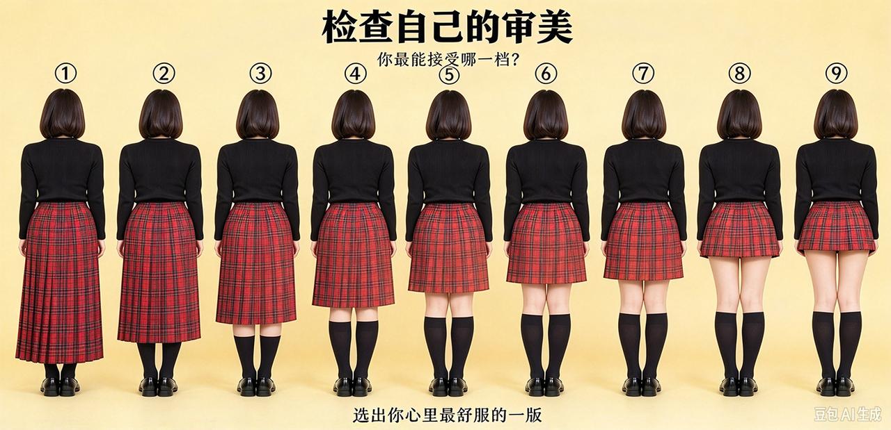 检查自己的审美！从①到⑨，同款红格裙，裙长一点点变短！长裙端庄，短裙元气，