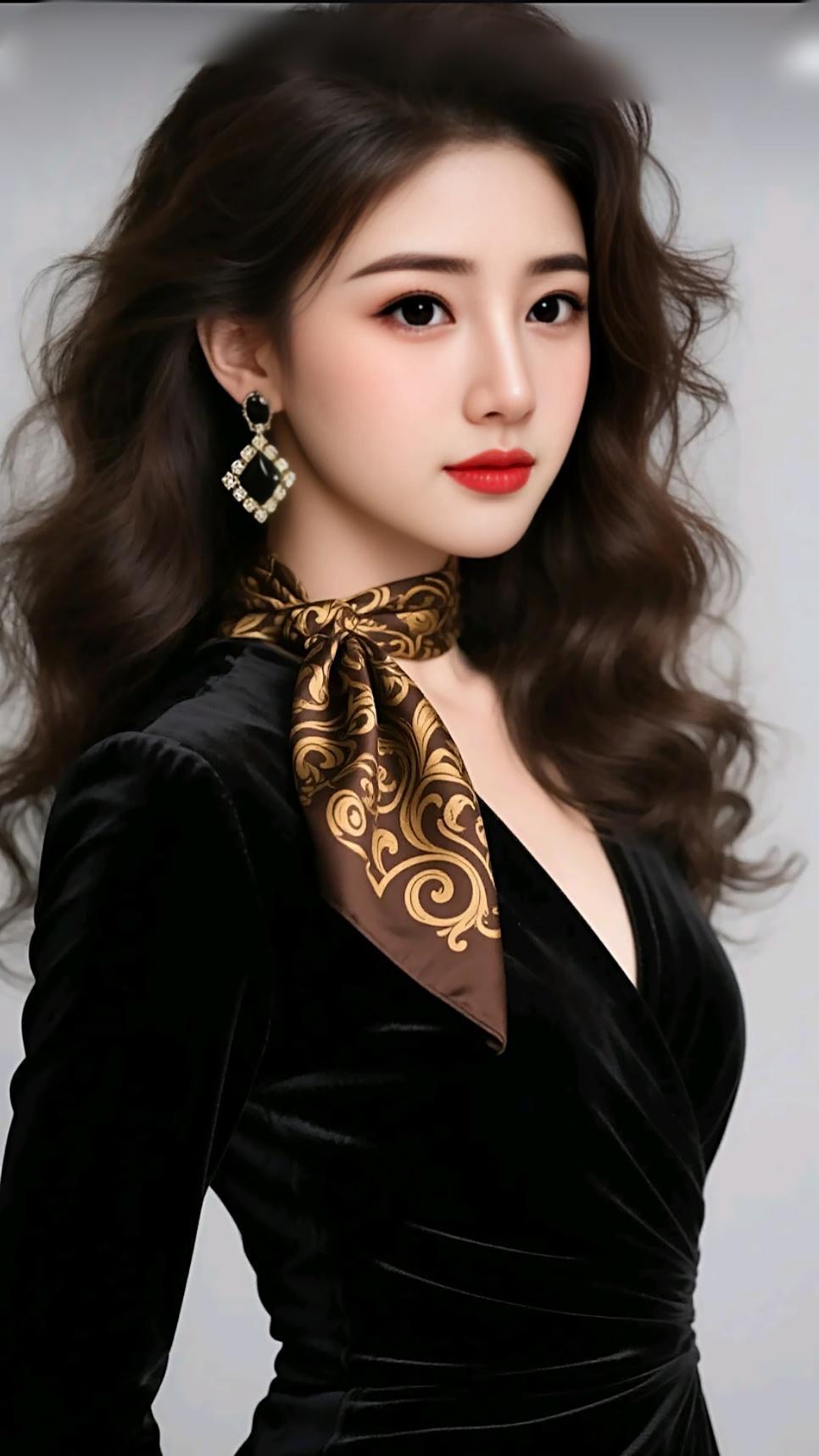 优雅黑丝绒连衣裙，搭配金色丝巾，尽显高贵气质！