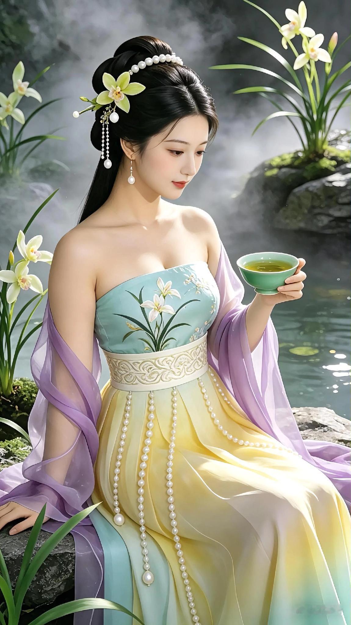 古风美人轻纱薄雾间品茗，如梦似幻轻纱美人图古风浅笑写真轻纱古风照古