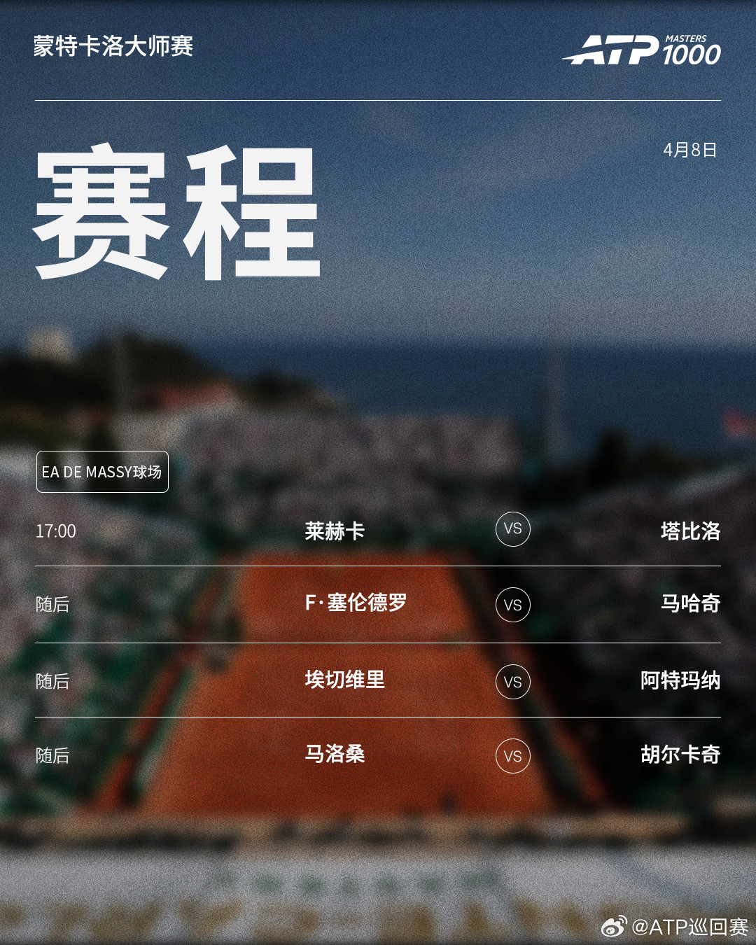 ATP1000蒙特卡洛大师赛周三赛程如下（均为北京时间）👀📍蒙特卡洛网球俱