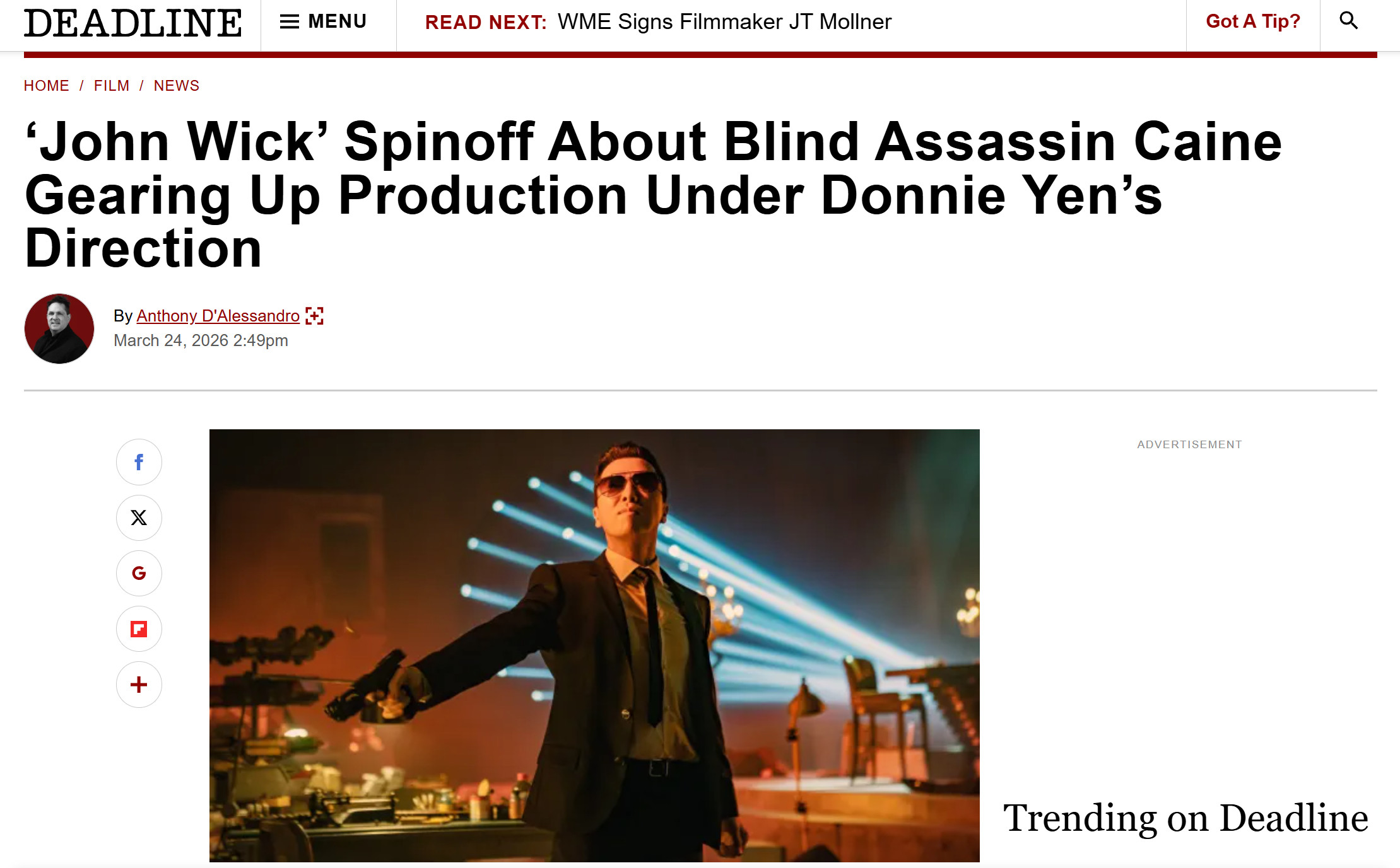 TNABO《凯恩传》确认将于下个月开机甄子丹自导自演，并且是项目监制