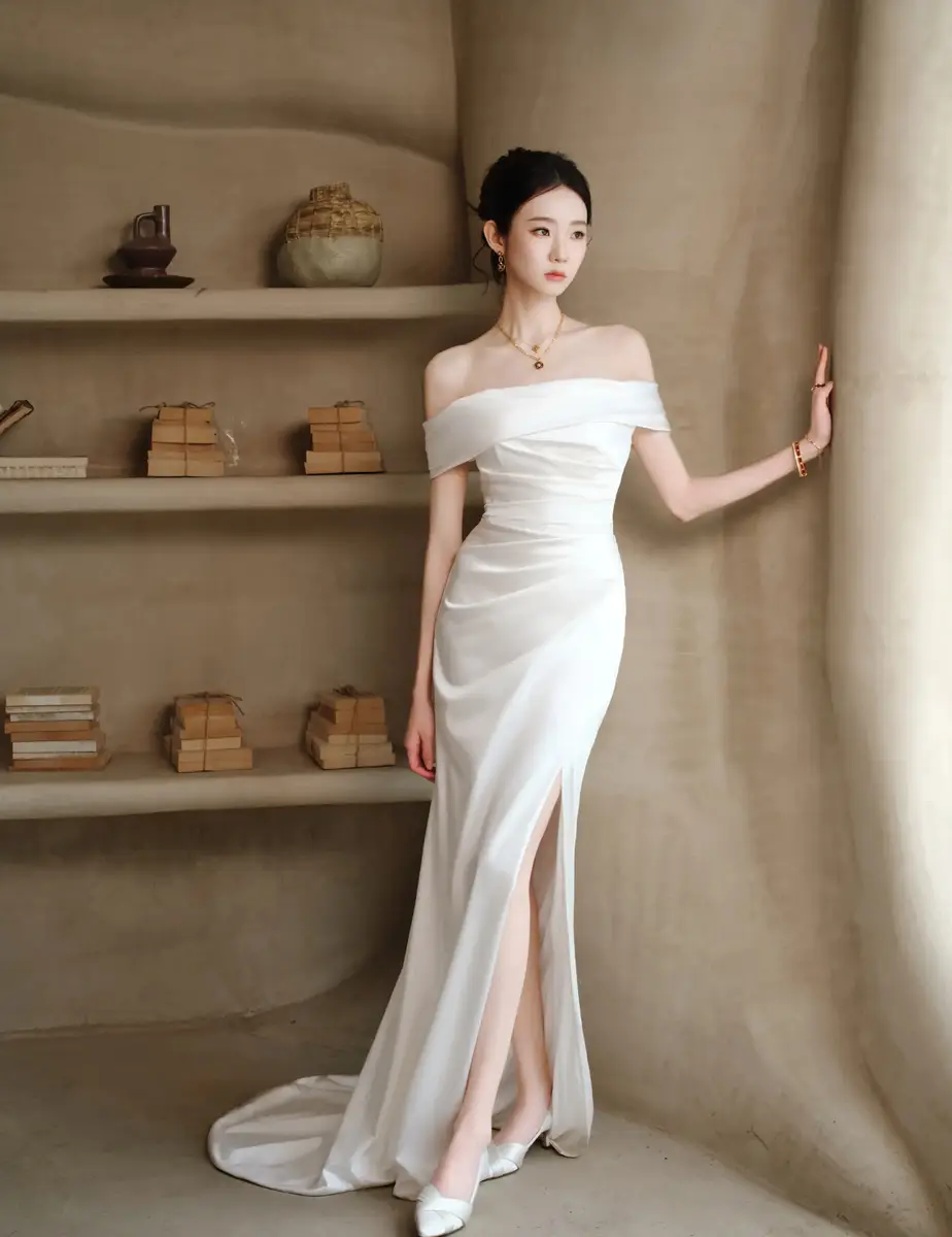 张艺凡身着白色抹胸缎面长裙，气质温婉大方