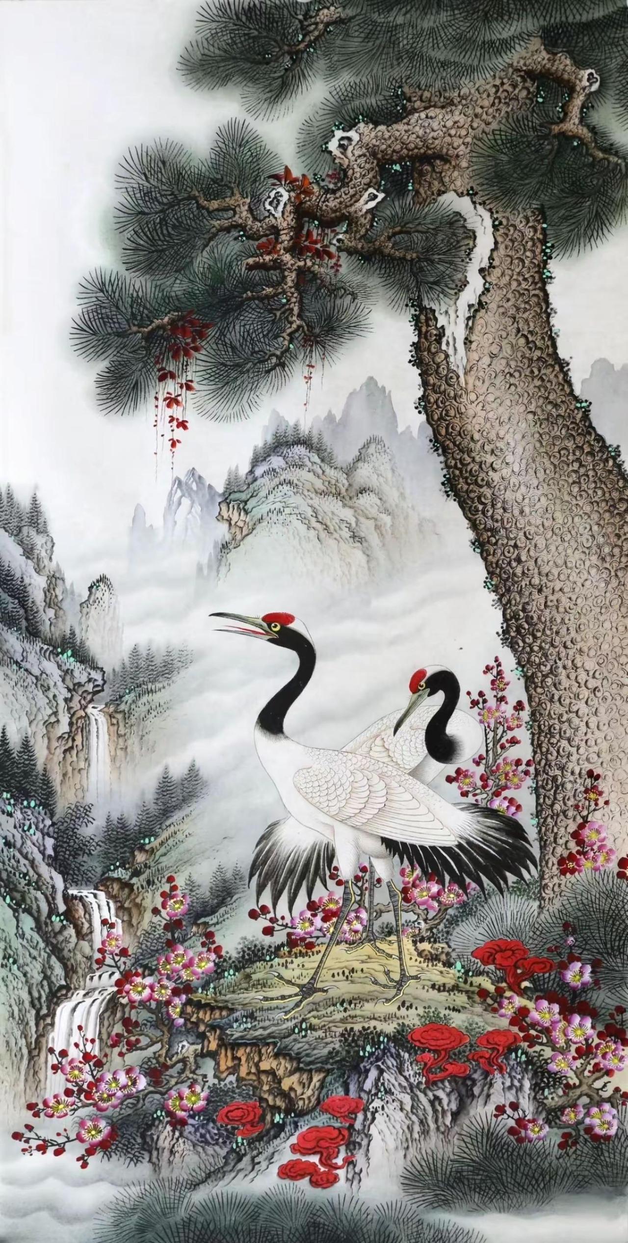 松鹤同春。工笔玄关画创作者中心创作灵感松鹤图国画专业