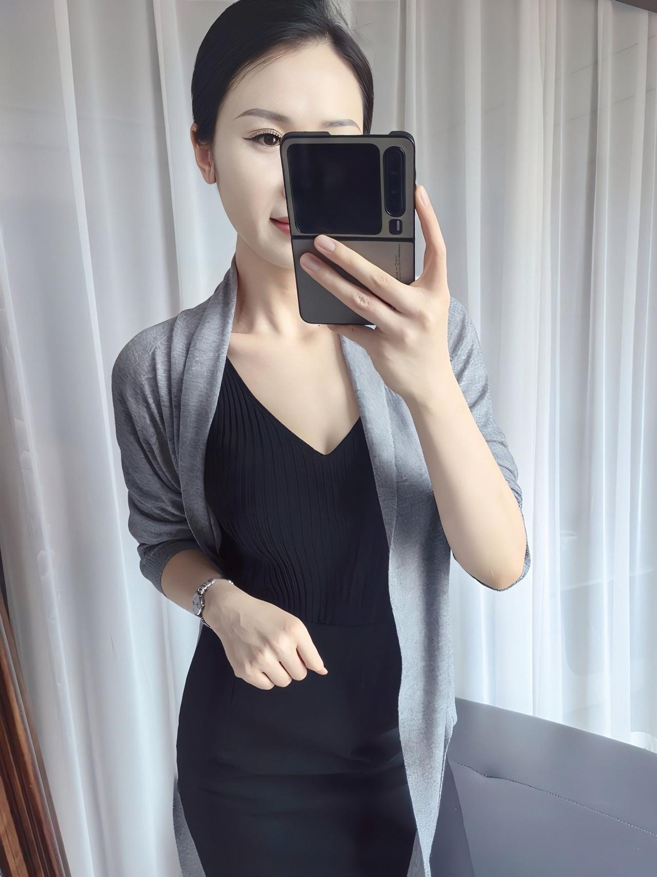 优雅黑裙搭配灰色开衫，简约而不失时尚感！👗💄📸