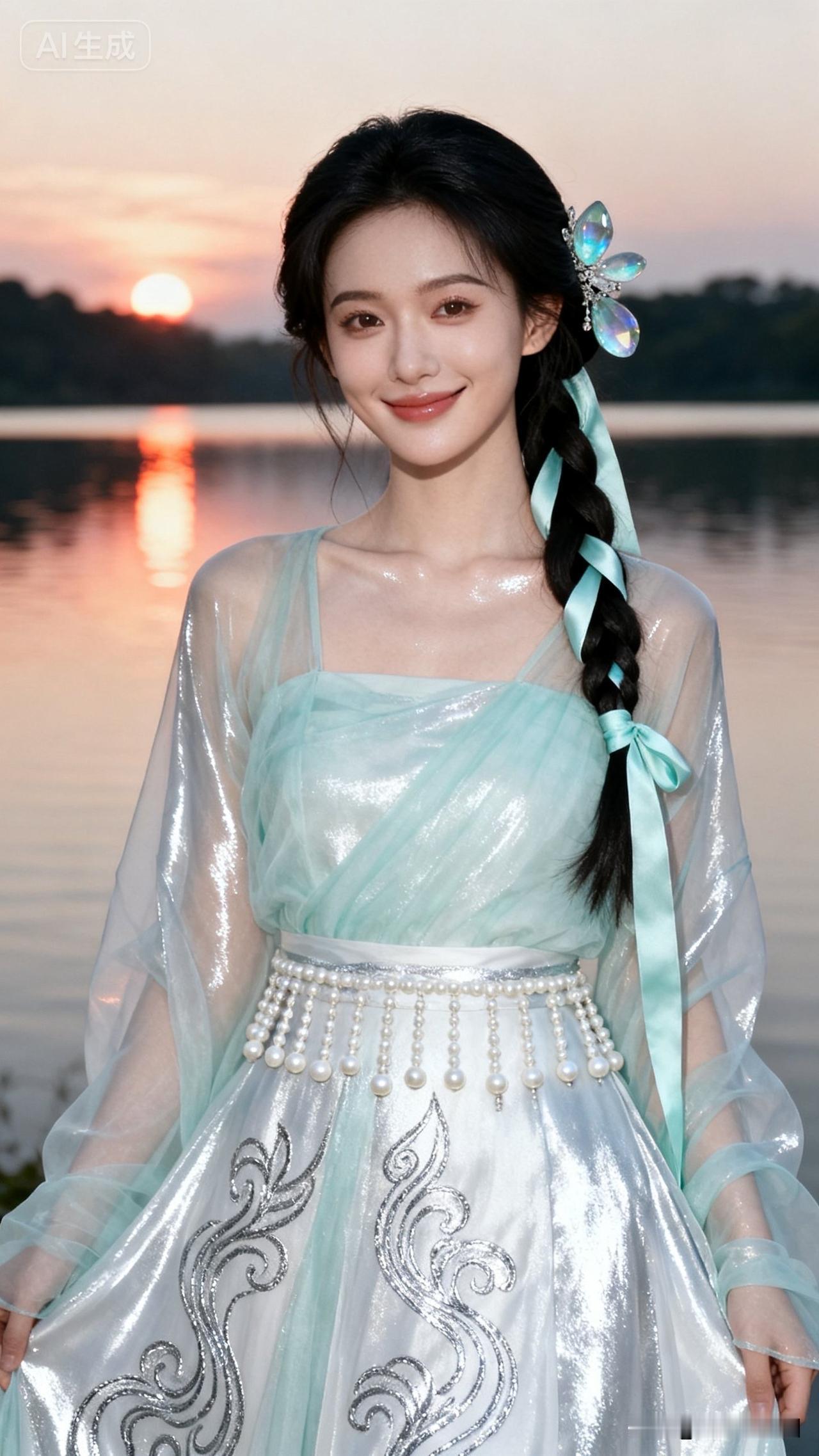梦幻湖畔仙女风，轻盈纱裙与碧波相映，唯美如画。