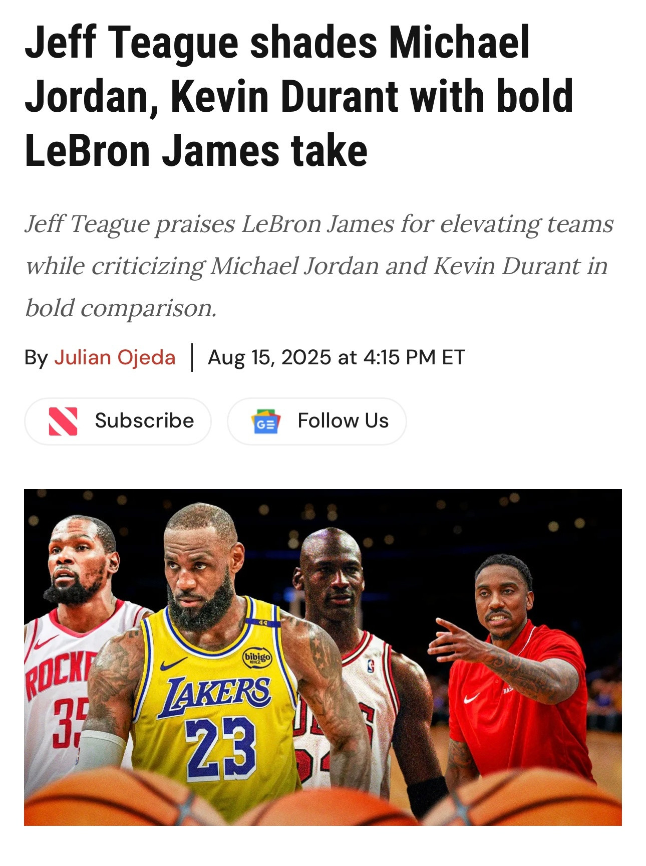 前NBA球员杰夫·蒂格在播客节目上谈到了詹姆斯、乔丹以及杜兰特：“我认为詹姆斯的