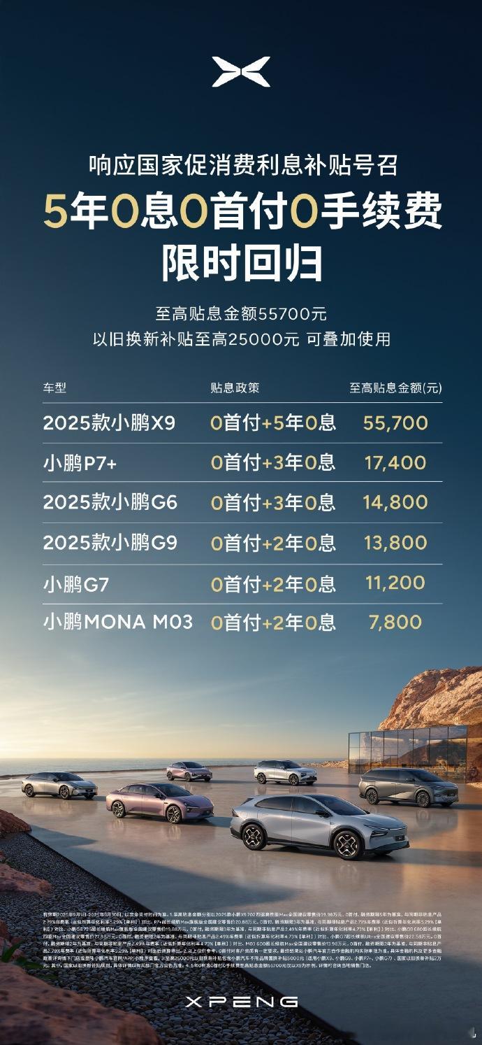 小鹏汽车推出限时免息，其中小鹏X9为5年免息，小鹏P7+和G6为3年免息，G9，