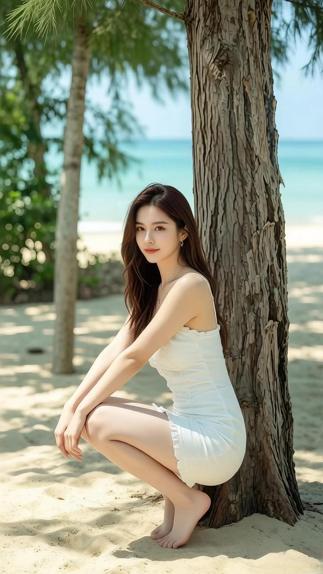 沙滩上的白裙美女，阳光洒满海边的浪漫时光。🌊👗🌞美女女生怎么穿搭会看上去